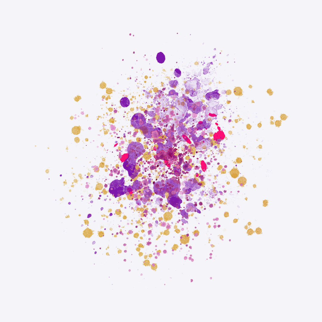 Abstract watercolor splashes in purple, pink, and gold on a white background.