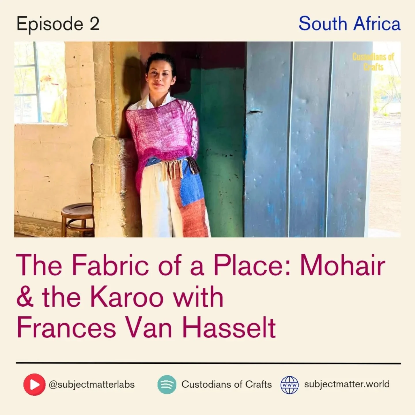 Raised on a mohair farm in the Karoo desert, Frances Van Hasselt, a designer and entrepreneur, has a deep affinity for this natural fibre. Her studio Frances VH Mohair, a women-led textile studio based in the Karoo focuses on developing Mohair locall