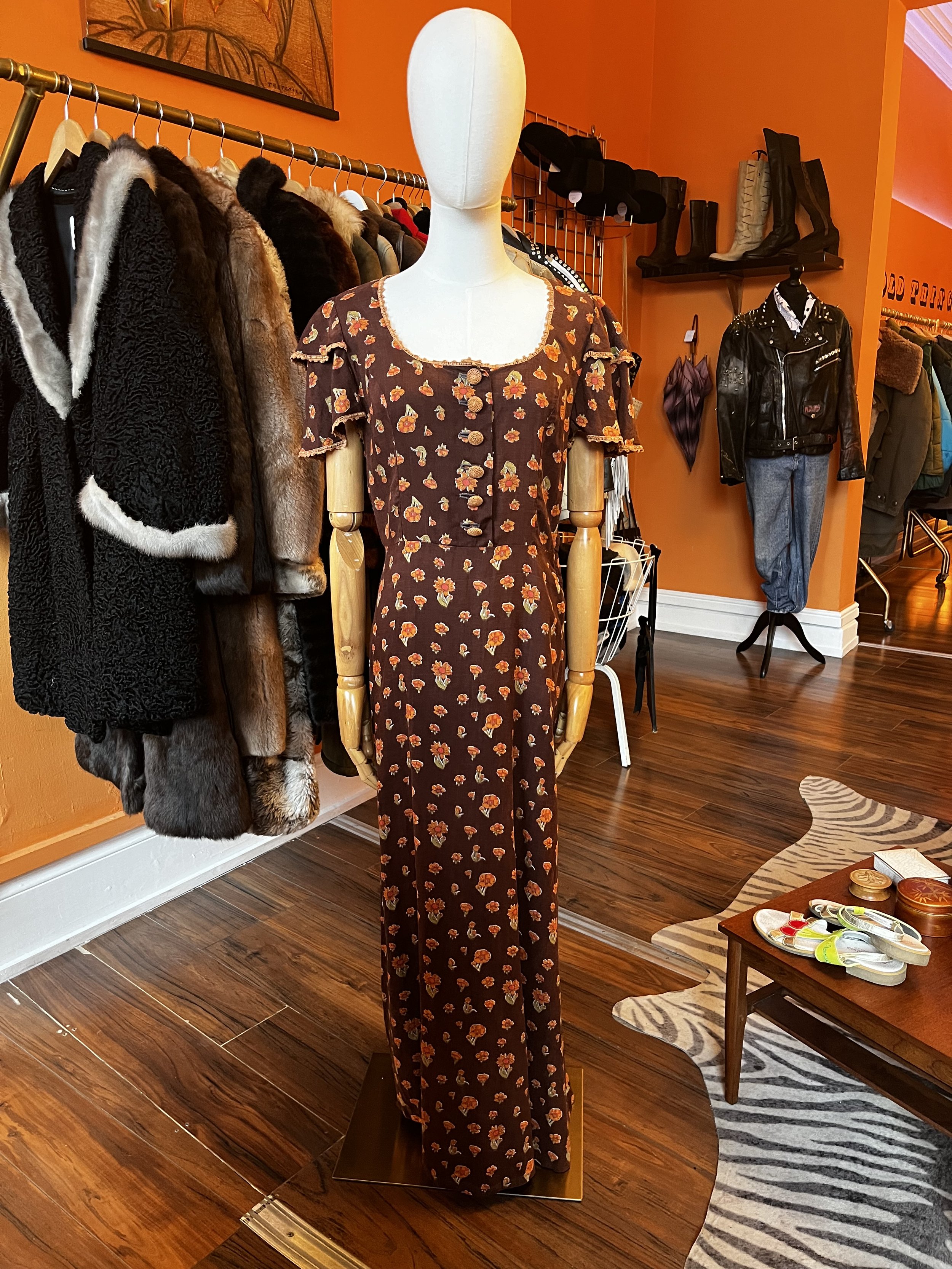 1970s Brown Cotton Prairie Dress