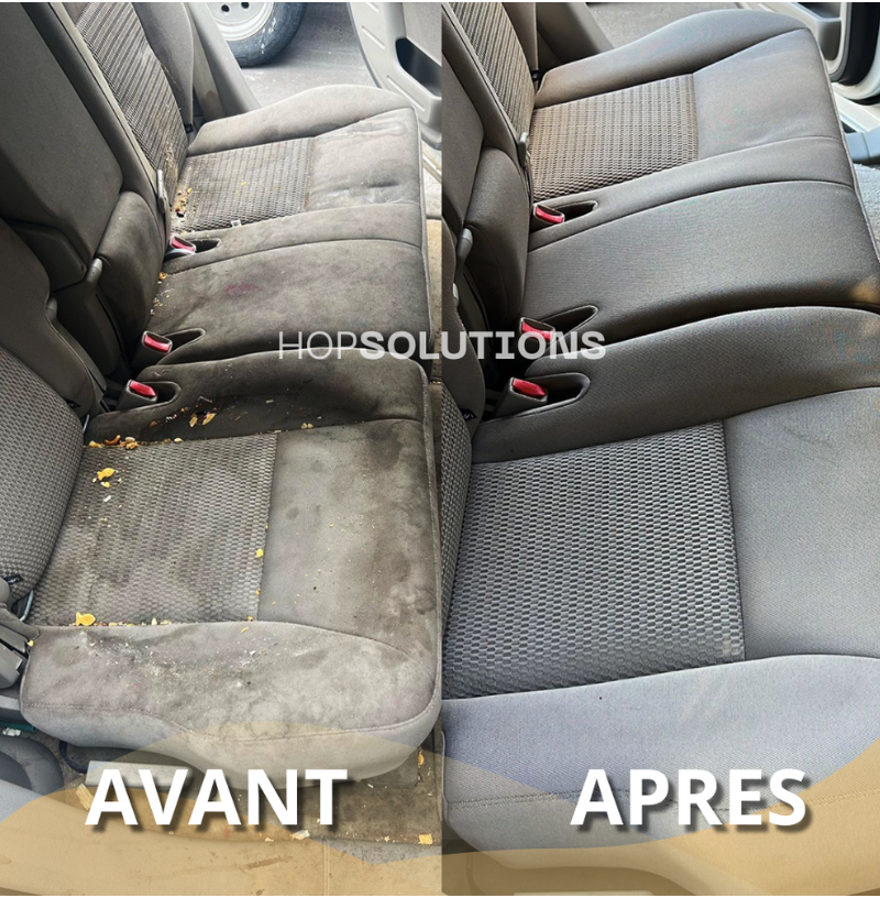 Transmission du nettoyage intérieur d'une voiture, siège arrière avant et après nettoyage, nettoyé et dégraissé.