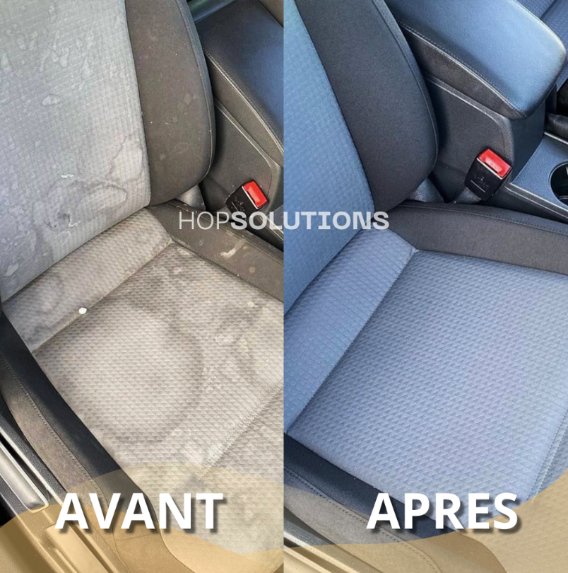 Côté gauche, siège de voiture sale avec des taches, côté droit, même siège propre et nettoyé.