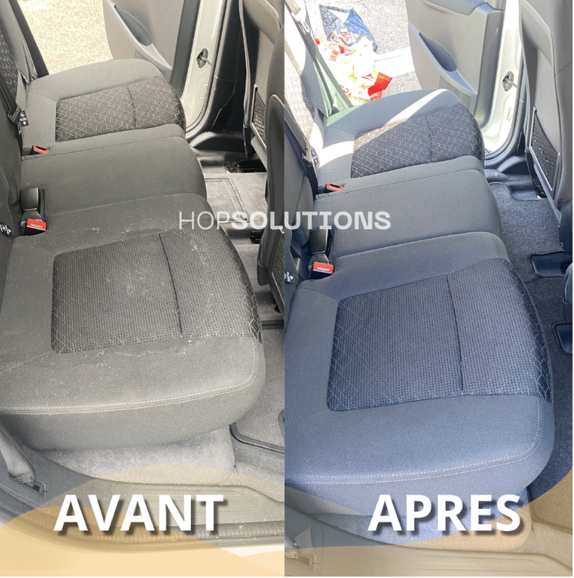 Voitures comparant les sièges arrière avant et après nettoyage, montrant une amélioration de la propreté et de l'apparence du tissu.