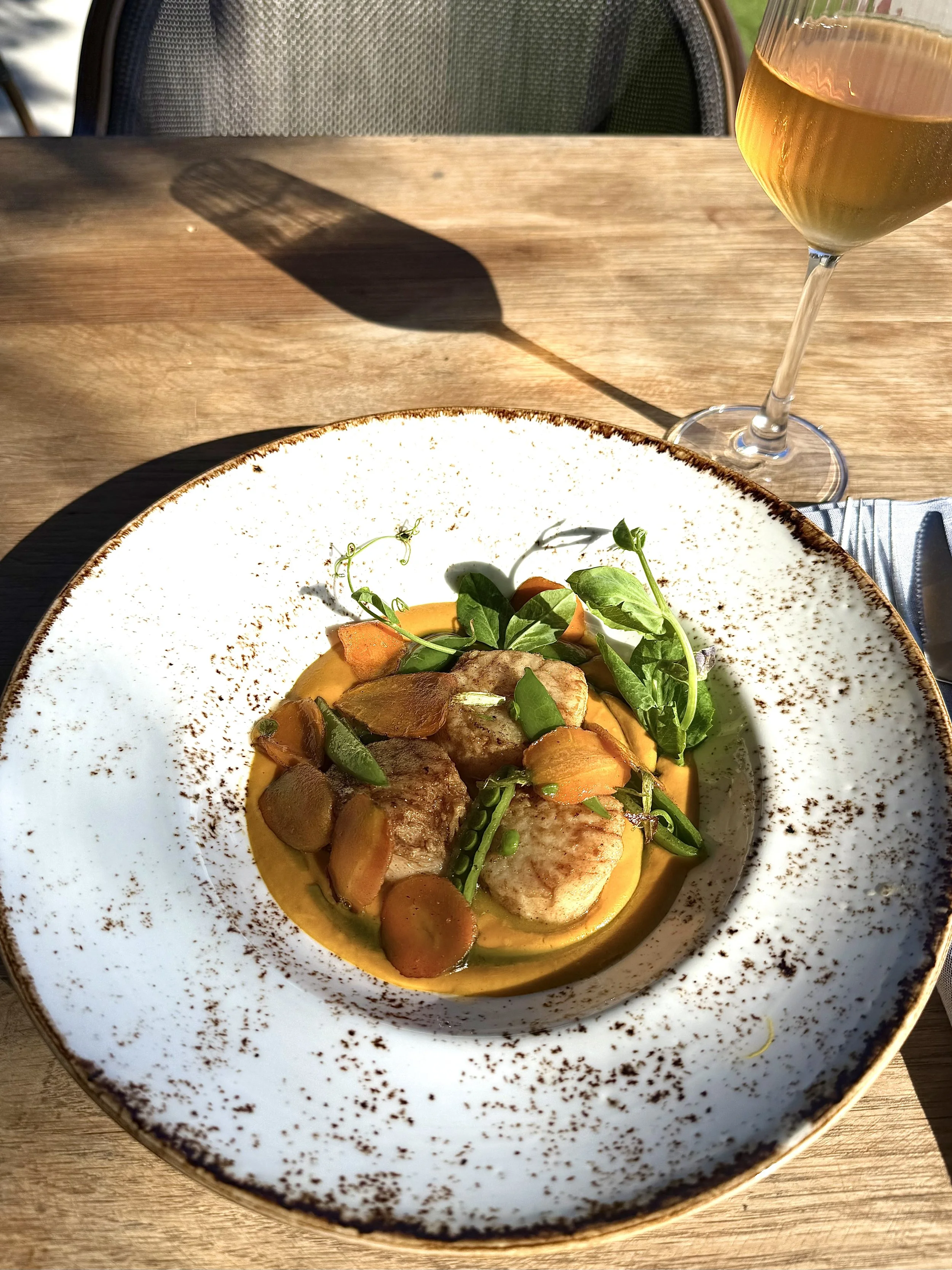 A white ceramic plate with a brown speckled rim containing a piece of cooked fish, topped with cooked carrots and garnished with green herbs, and a yellow sauce underneath. A glass of white or rosé wine is visible in the background on a wooden table, casting a shadow.