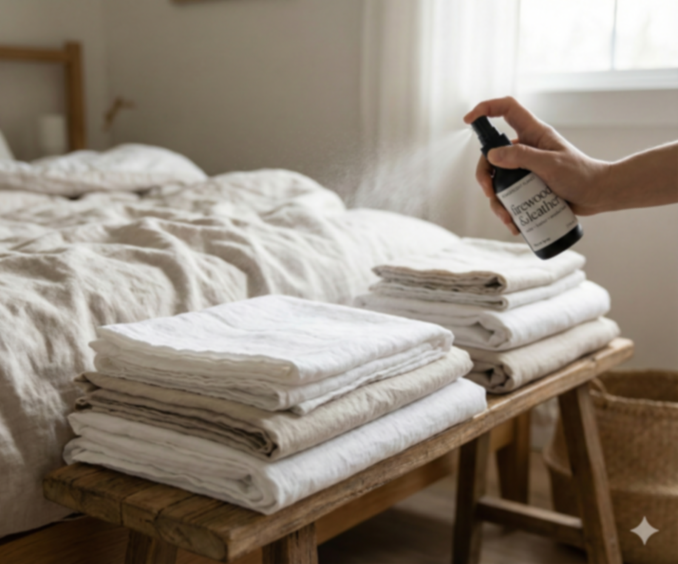 Person spraying linen spray on folded white linens on a wooden bench in a bedroom.