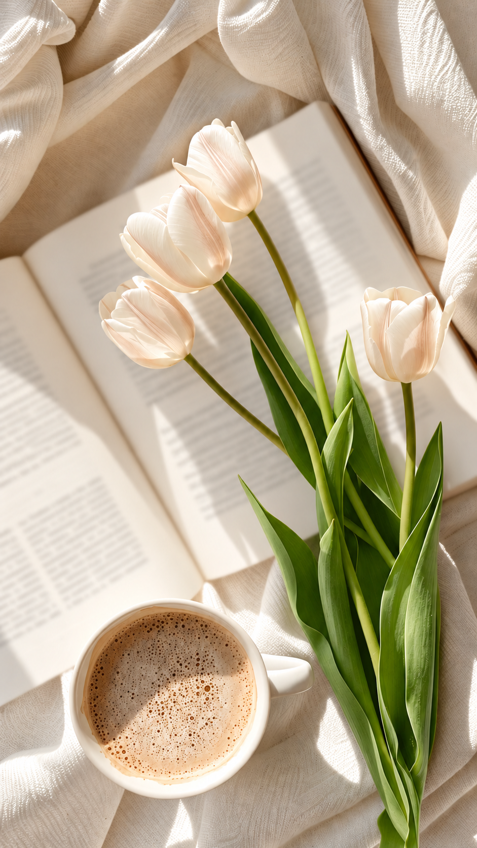 A white cup of hot chocolate with foam, a bunch of pink tulips, an open book, and a mug, placed on a white cloth.