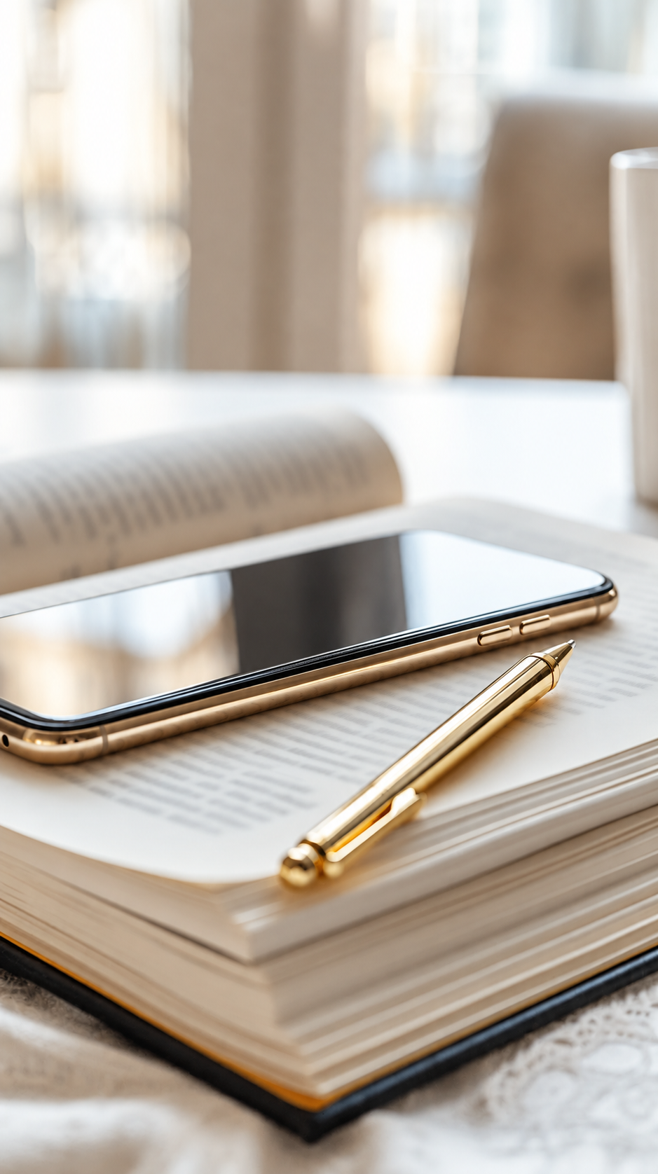 A pen, smartphone, and open book resting on a desk, with an out-of-focus background of a window with curtains.