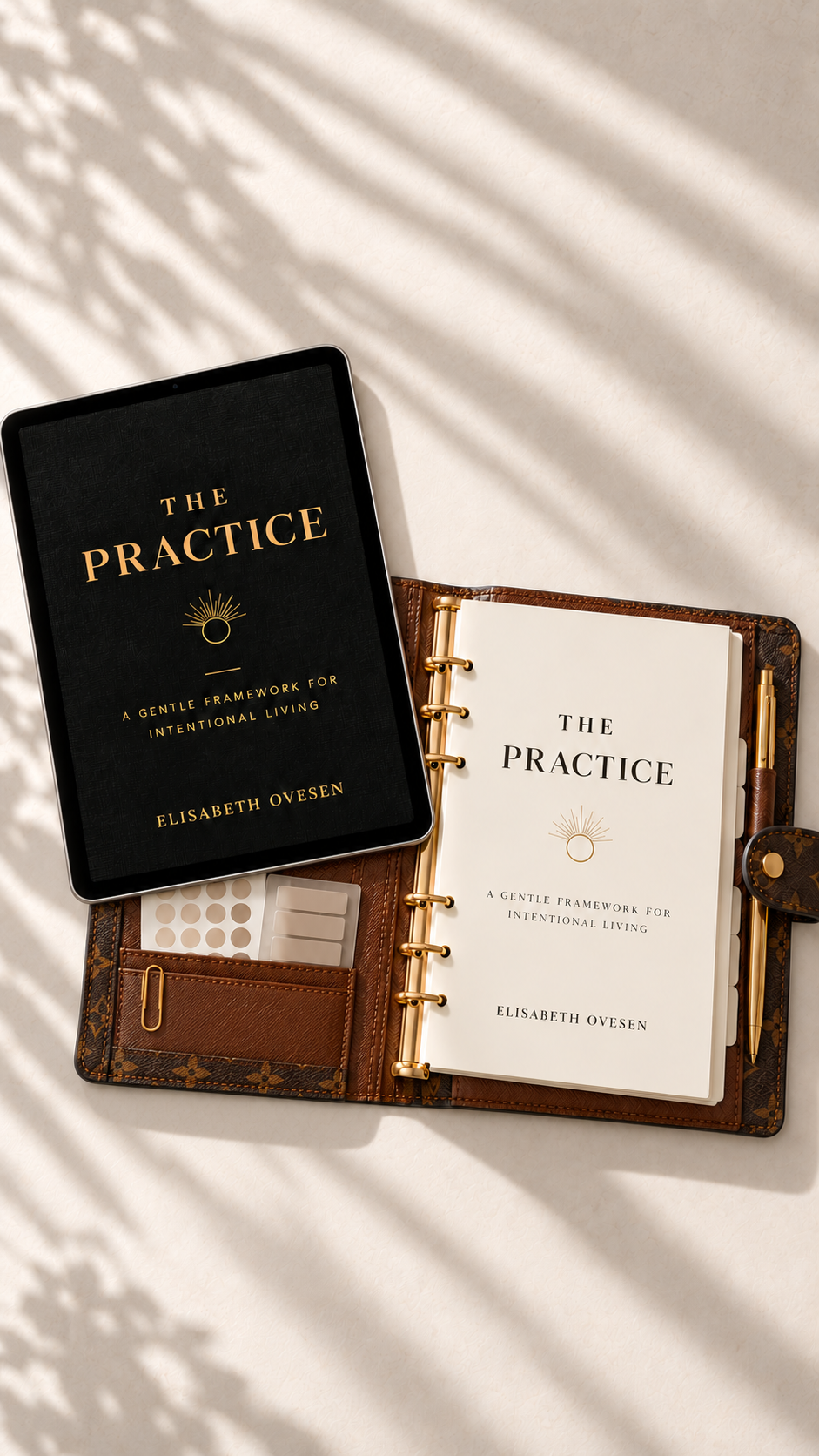 A tablet and a planner on a desk, displaying the book titles "The Practice" by Elisabeth Ovesen.