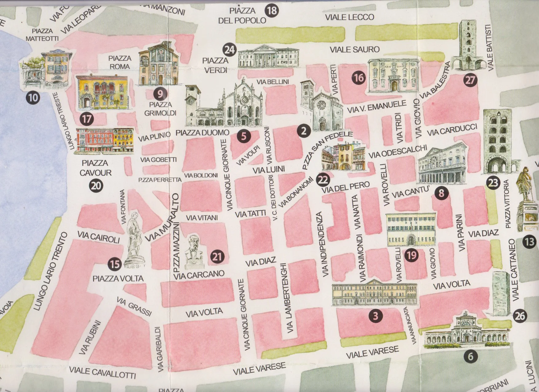 Illustrated map of Como historic centre showing The Como Thread boutique route