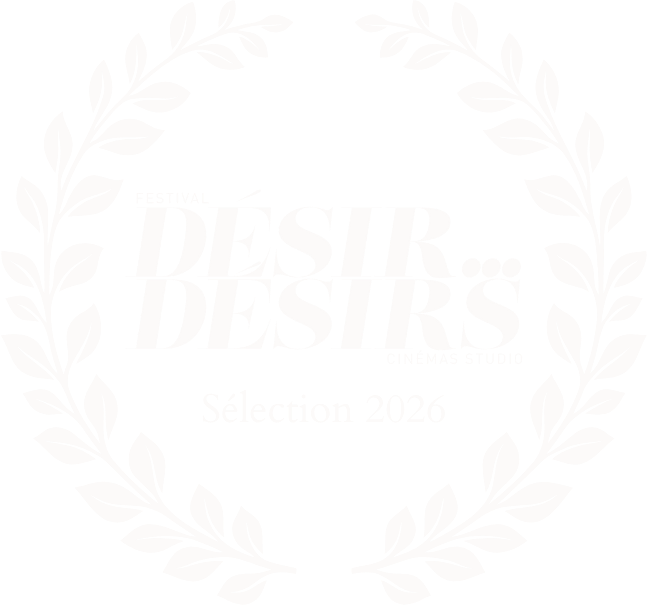A black background with white laurel wreaths surrounding text that reads "Festival Désir... Désirs, Cinemas Studio, Selection 2026" in stylized fonts.