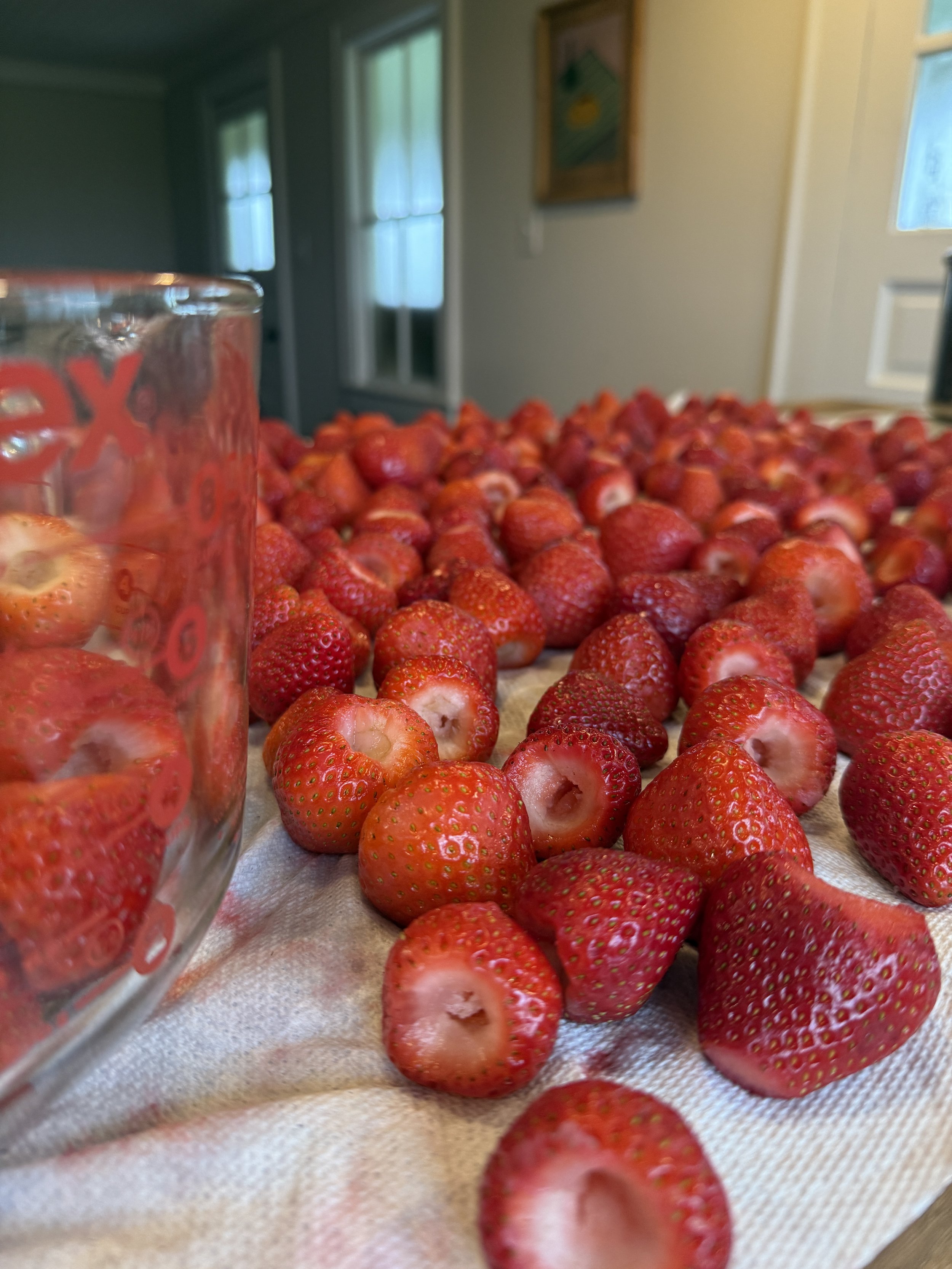 Close-up of many strawberries on a cloth, with a glass container of strawberries partially visible on the left, in a bright room with green curtains and a window in the background.