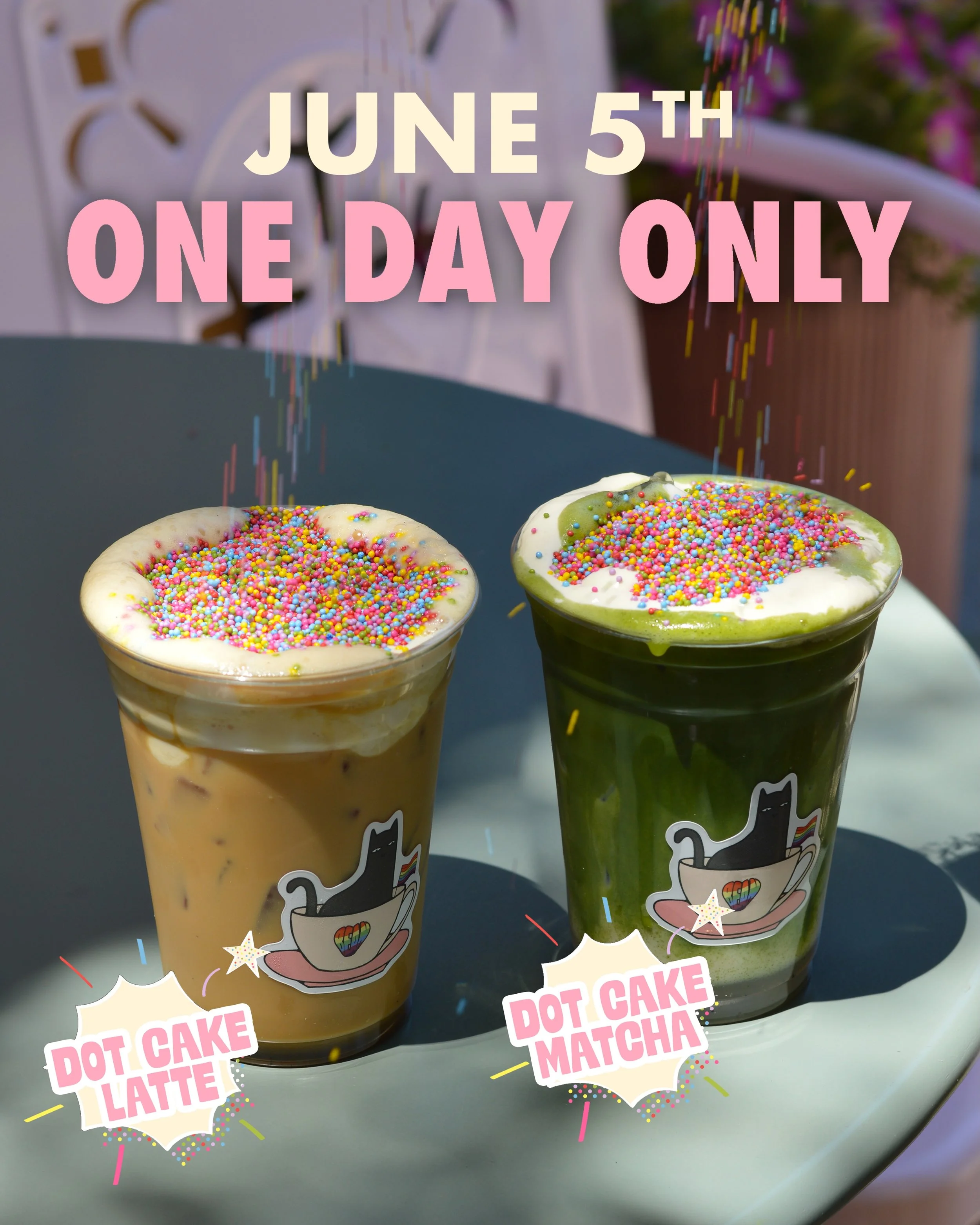 DOT CAKE DAY SPECIAL 

We wanted to kick off Pride month with rainbow dot cake bevs 🫶🏼 all day this Friday only! 

Birthday cake syrup &amp; cold foam topped with dot sprinkles 🏳️&zwj;🌈🍰

For the shaken espresso and matcha lovers 

Grab some pri