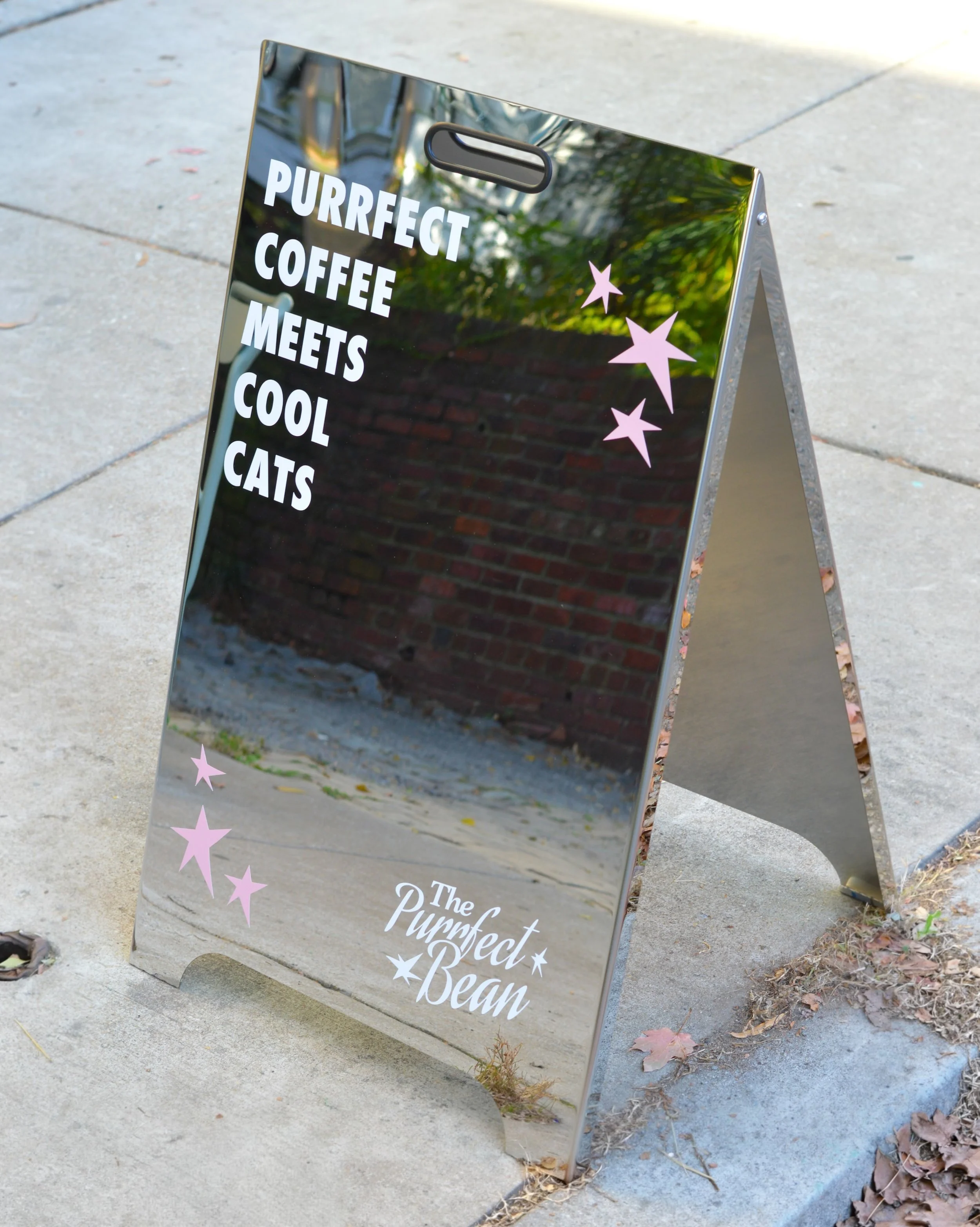 Check out our new mirror sign outside the cafe 🌟

2 sides = 2 new excuses for cute photo ops 🐈