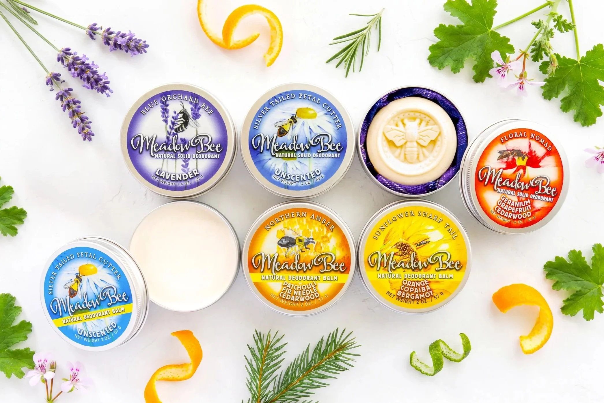 Two different forms of Meadow Bee Deodorant: solid bars with bees on them, or a balm style format
