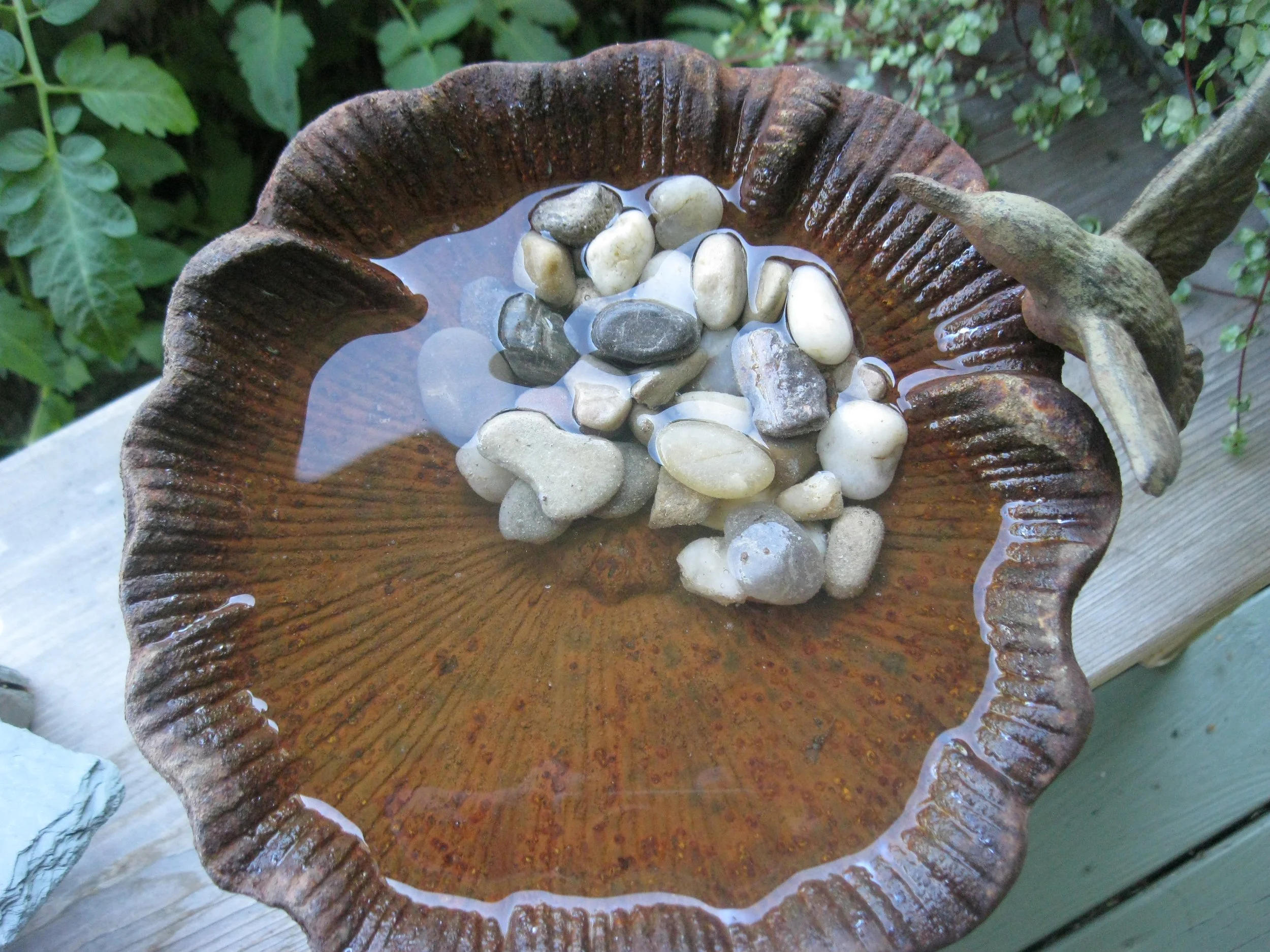 Photo of a shallow birdbath filled with pebbles for small pollinators to land on for safety.