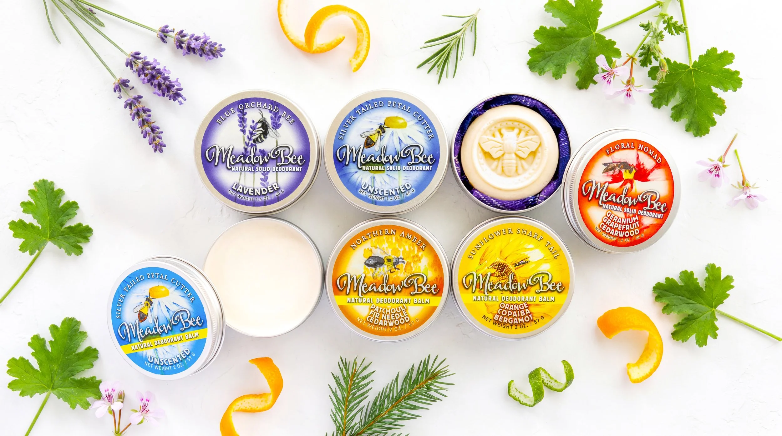 Two different forms of Meadow Bee Deodorant: solid bars with bees on them, or a balm style format