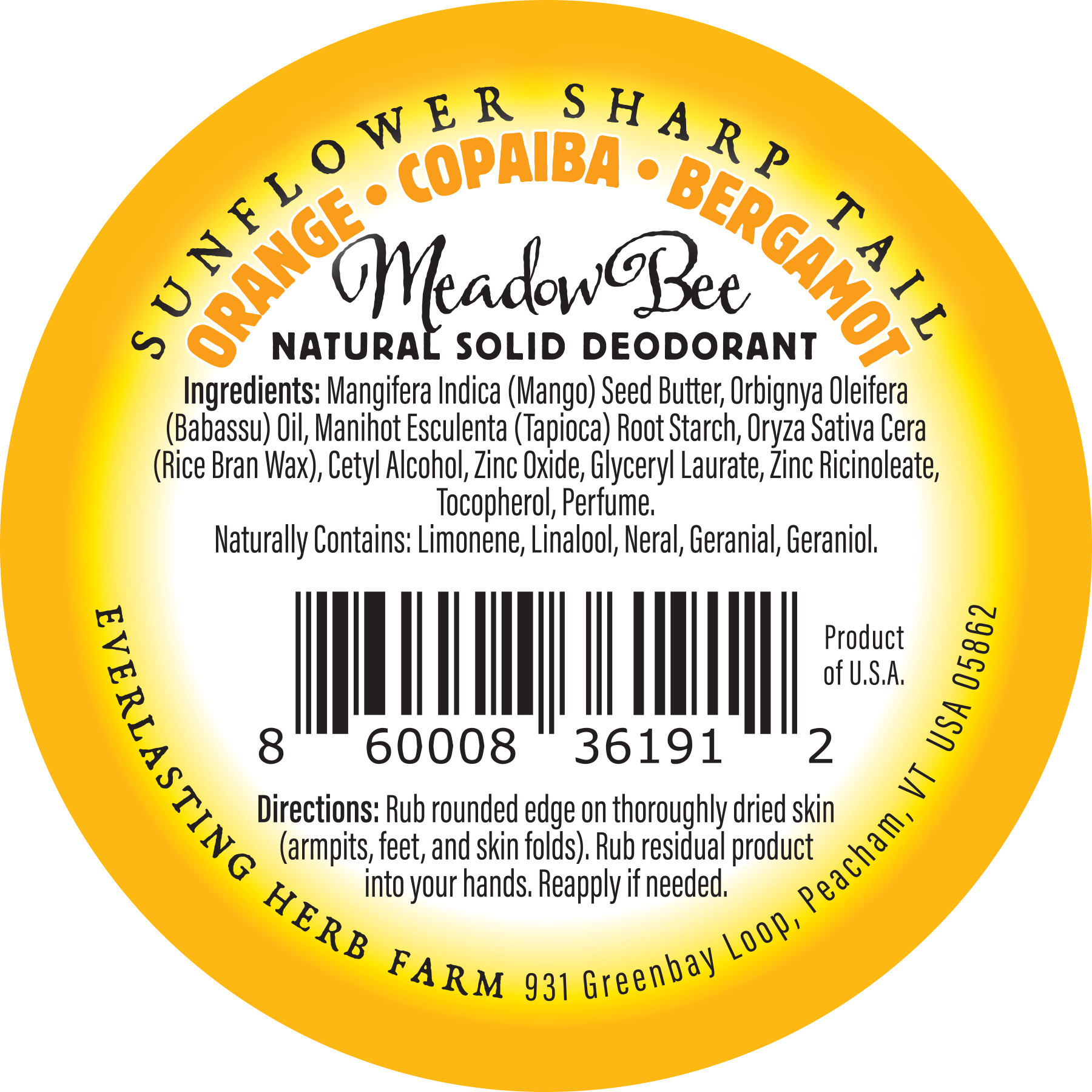 Meadow Bee Sunflower Sharp Tail Deodorant Back Label