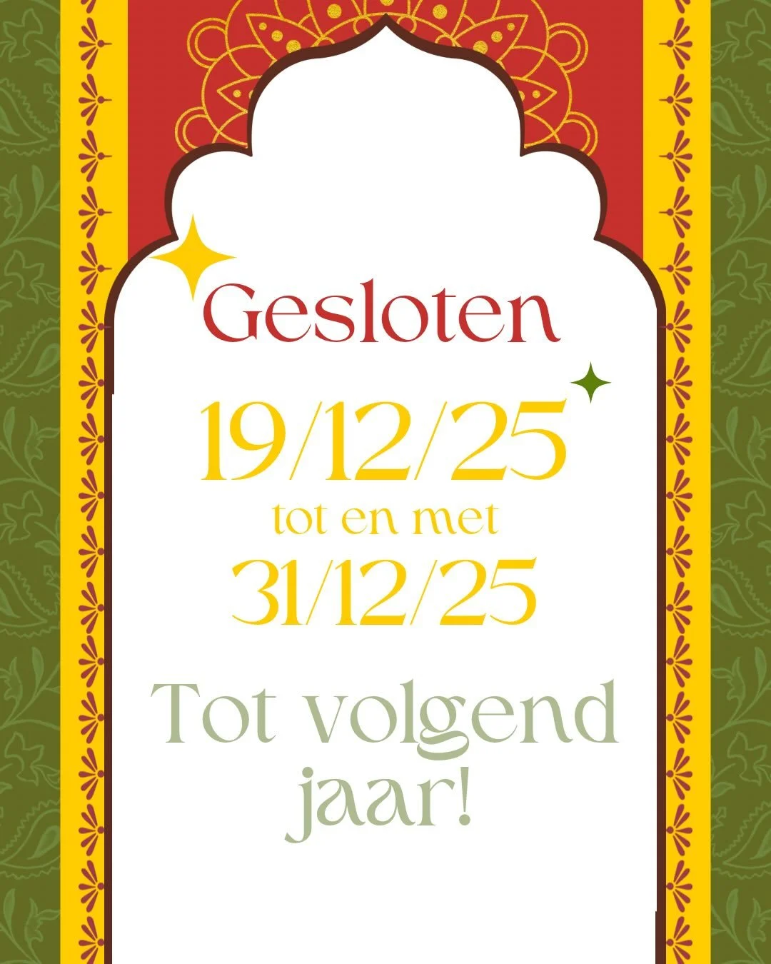 Korte Winterbreak ✨

Lieve gasten, we nemen een korte vakantie van 19/12/2025 t.e.m. 31/12/2025.

Bedankt aan al onze klanten voor jullie steun het afgelopen jaar, jullie waren fantastisch ❤️

Vanaf  01/01/2026 verwelkomen we jullie weer 7 op 7.
Fijn