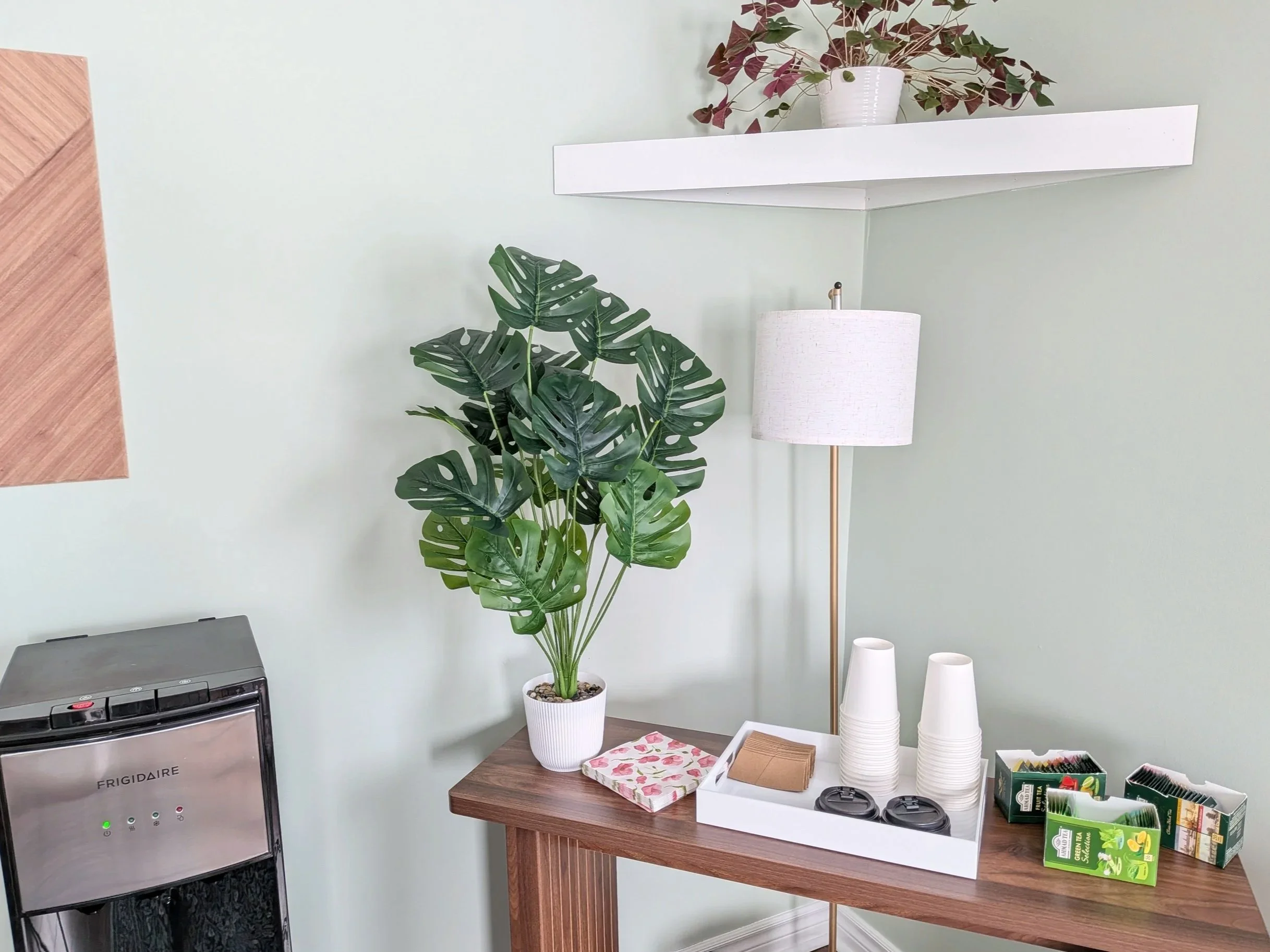 Waiting area tea station at Root Bloom Thrive, a mental health clinic comprised of therapists and a Registered Dietitian in Sudbury, Ontario.