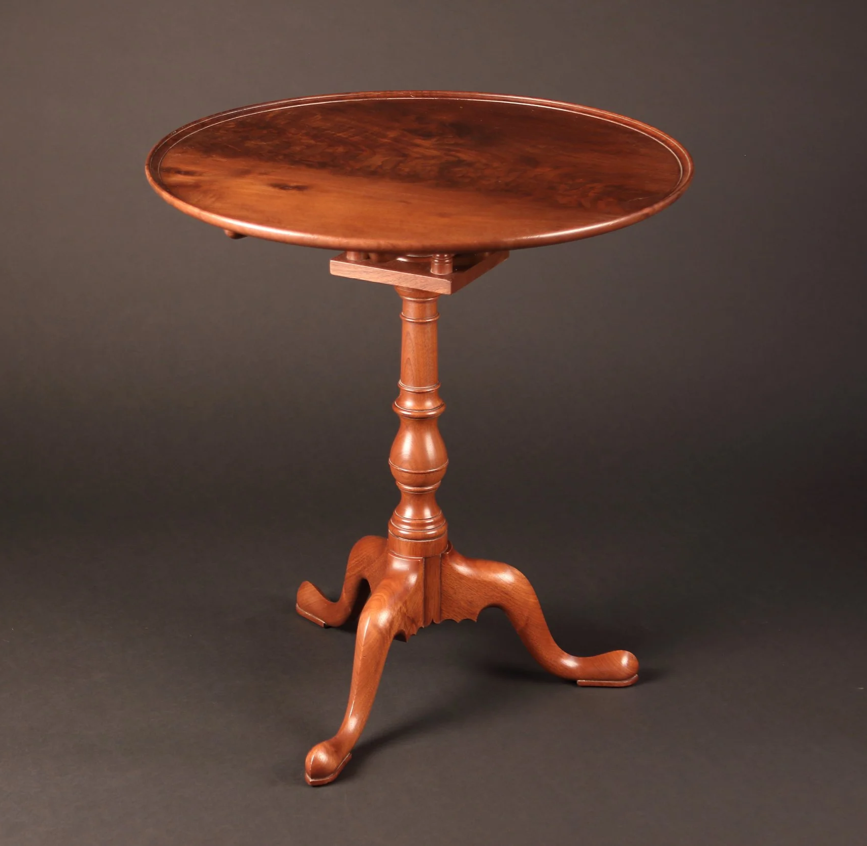 Pennsylvania Tilt Top Tea Table with 26" diameter single board crotch walnut top.