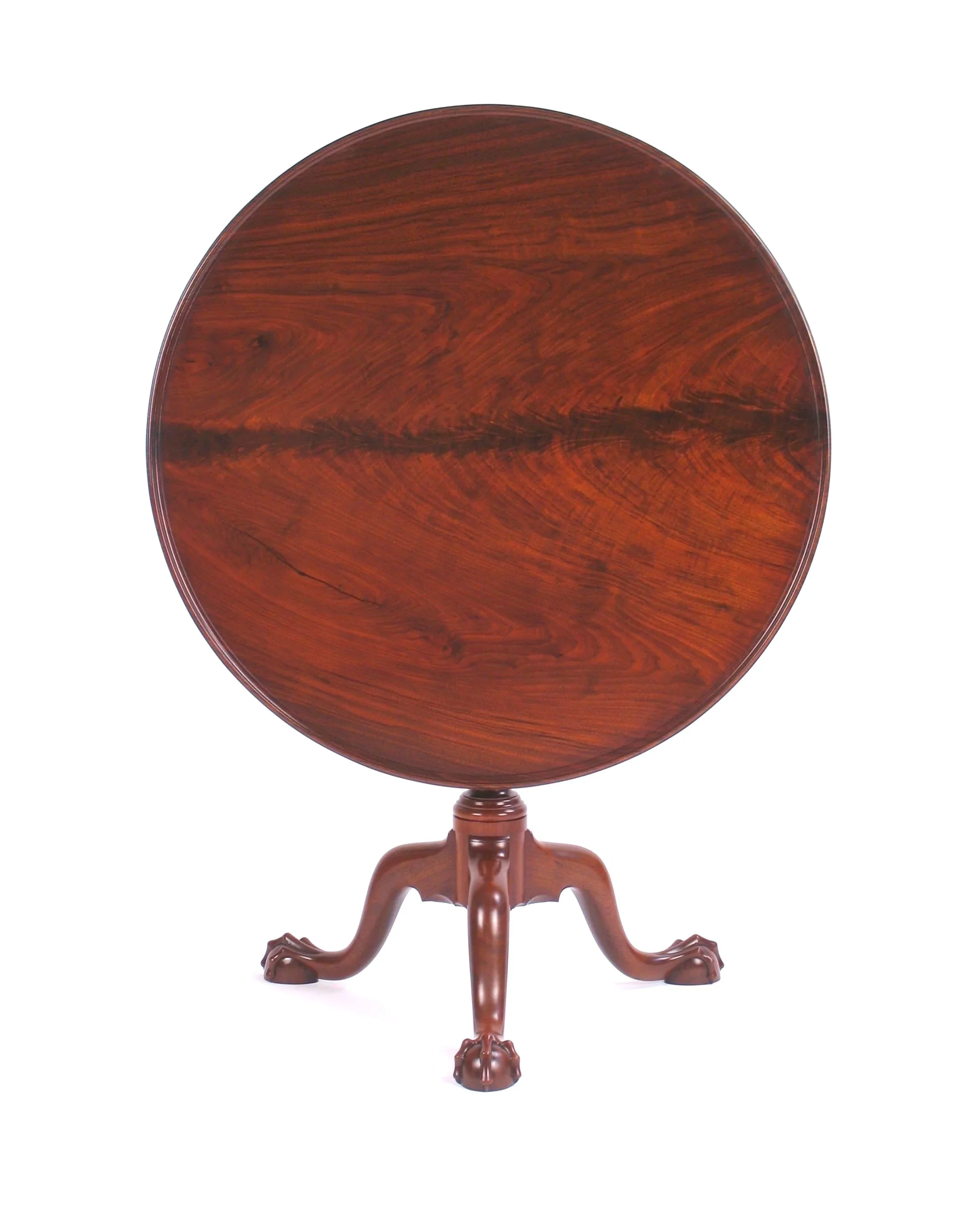Philadelphia Tilt Top Tea Table showing the 35" diameter single board crotch walnut top in the tilted position.