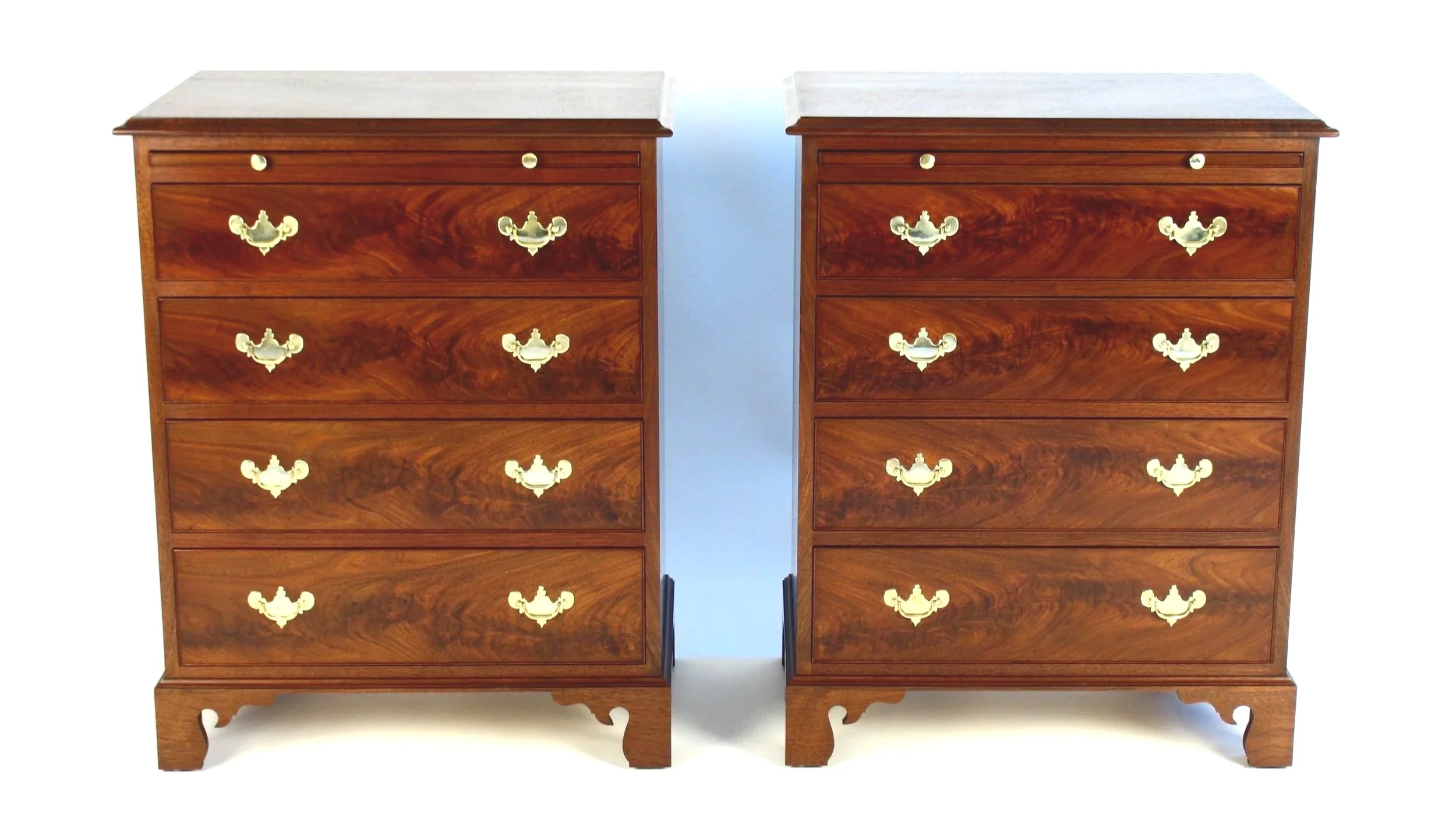 Handmade Pennsylvania Chippendale nightstand pair, bookmatched crotch walnut tops and drawer fronts, true matched pair.