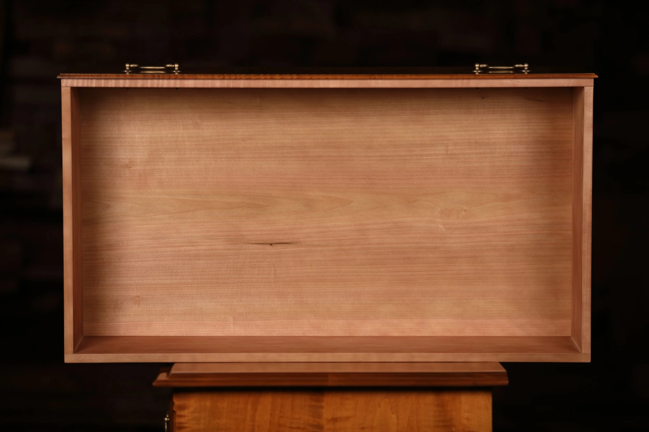 Tiger maple Queen Anne low chest for sale. Drawer bottoms are from a single, wide poplar board.