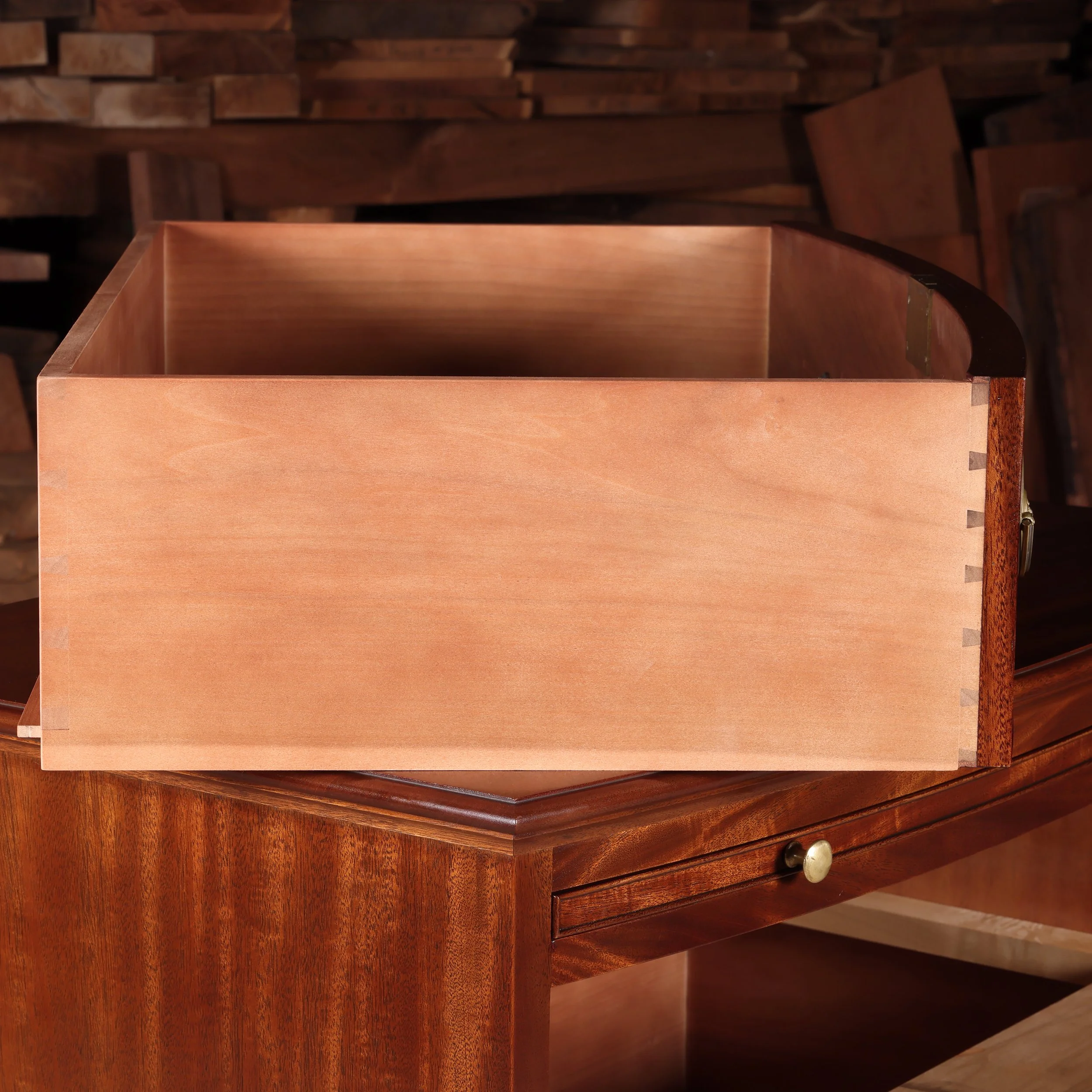 Benchmade Bow Front Chest drawer with single wide board drawer bottoms.