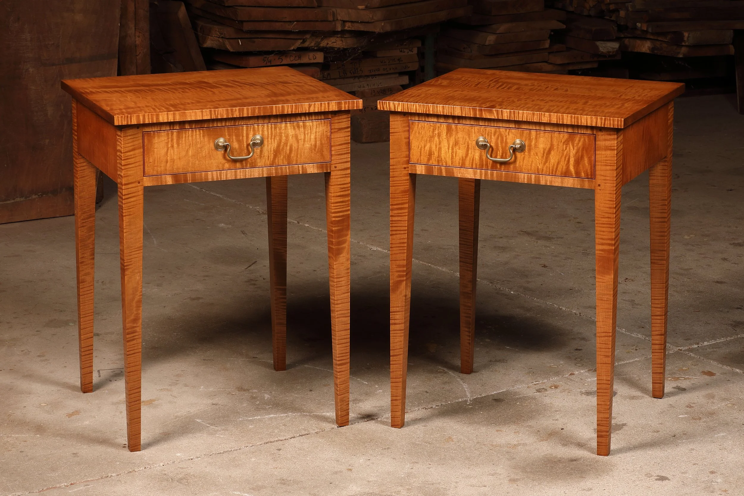 Custom Handmade Tiger Maple Nightstand/End Table Pair. In stock for sale, click on photo for more information. T101B