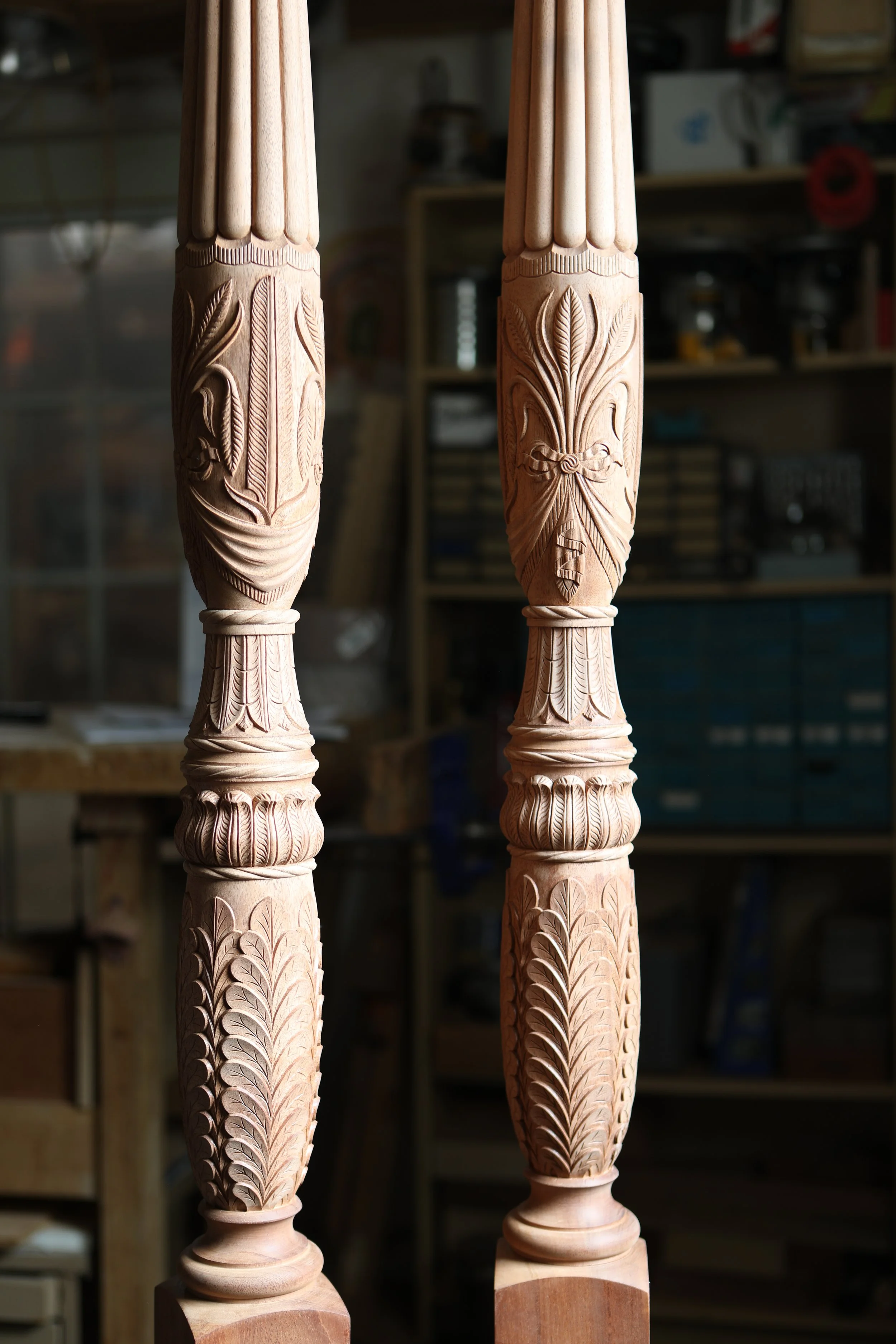Alternate post design with hand carved Charleston Rice Bed carvings with Reeding.