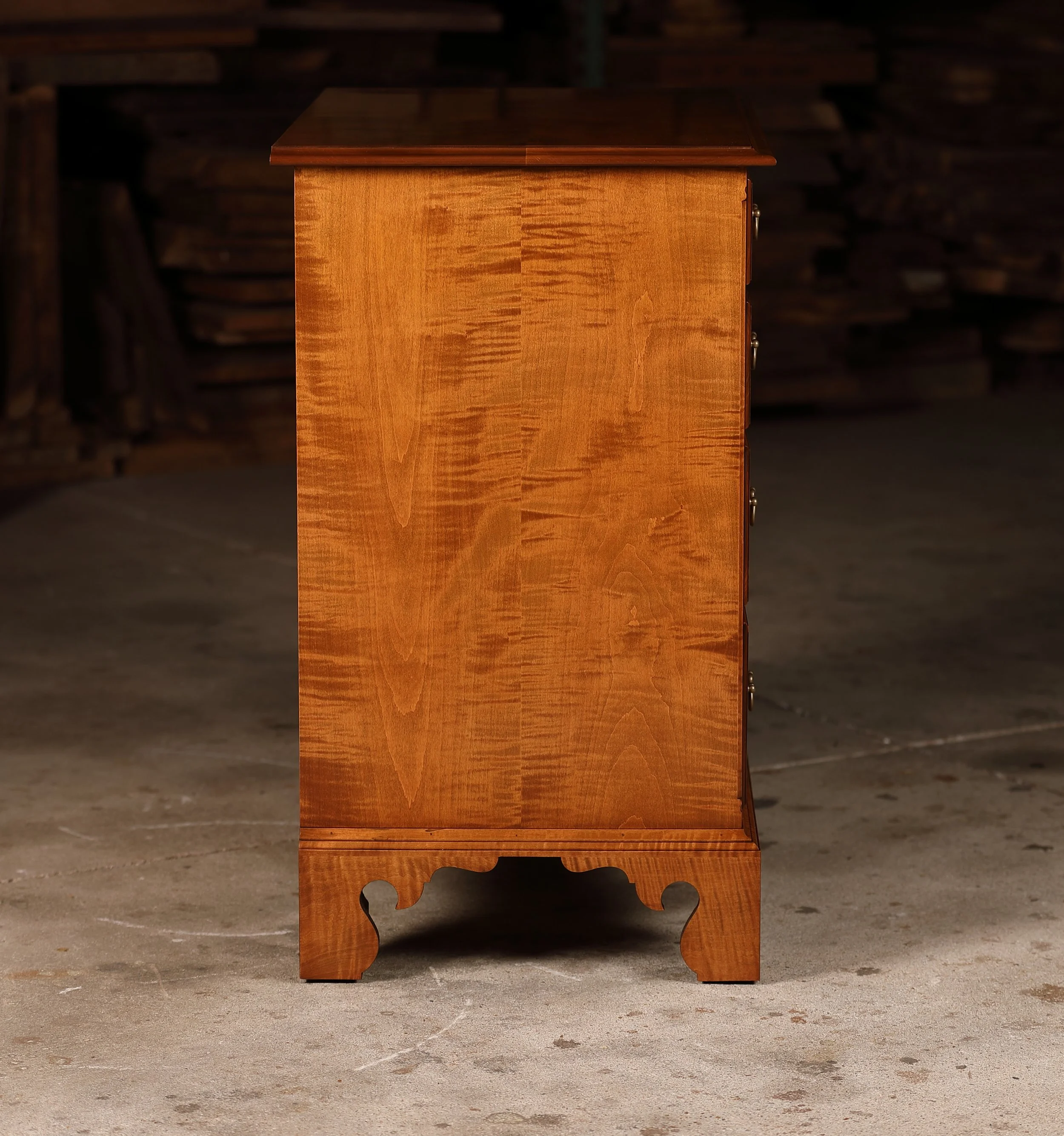 Tiger maple Queen Anne dresser for sale. Side two detail.