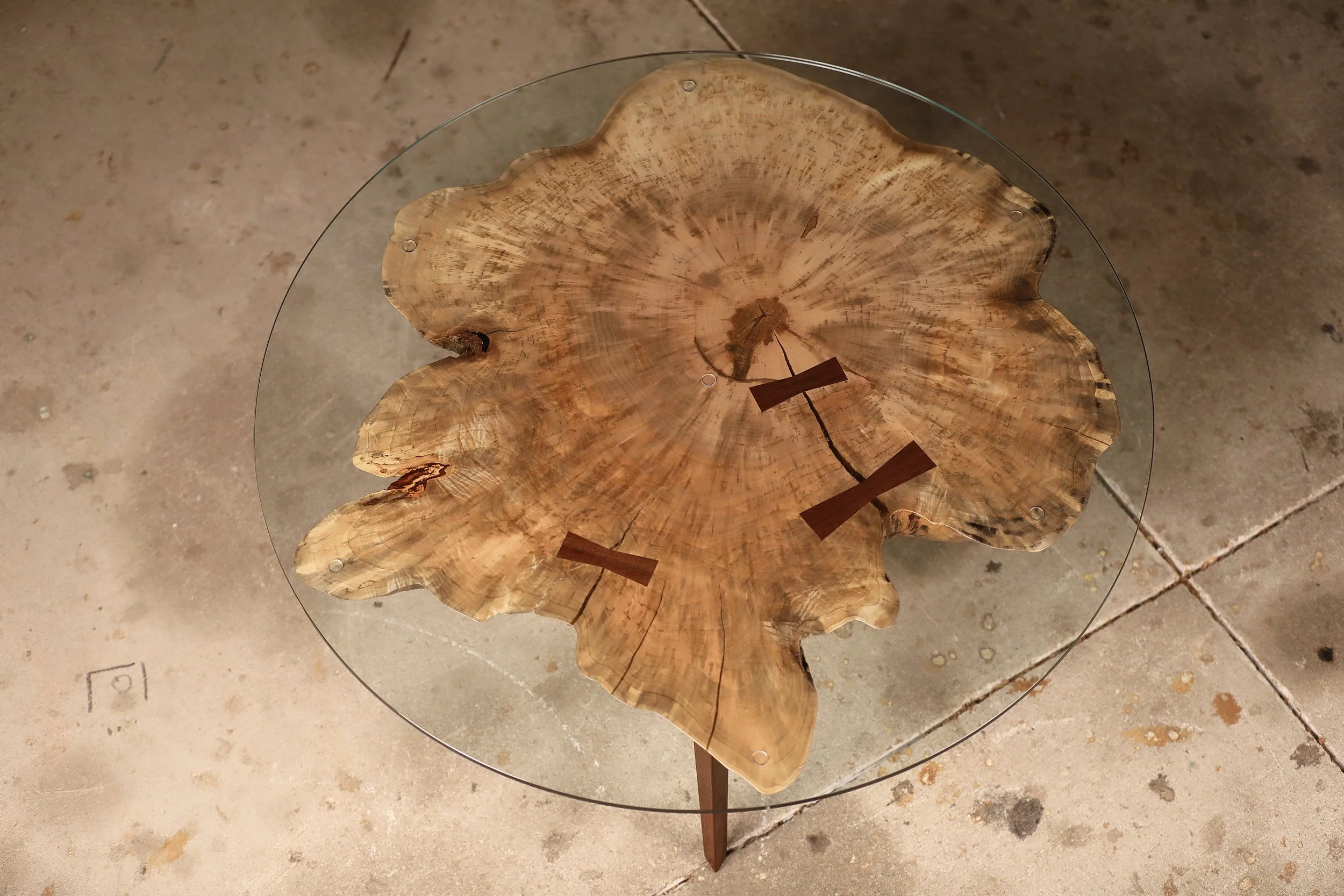 Detail of cookie slab top with inlaid bow ties.