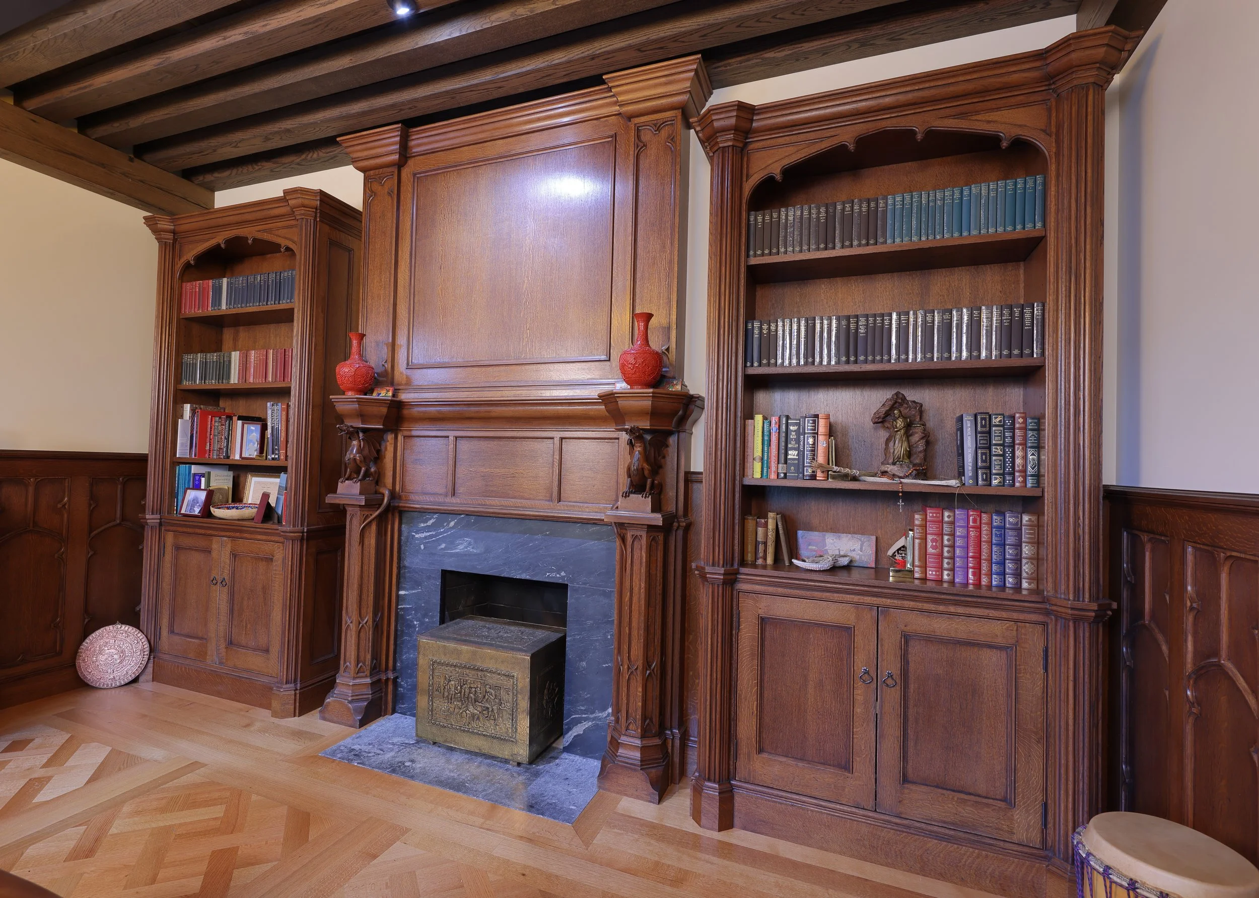 Custom hand carved Gothic dragons, fireplace mantel architectural millwork, old growth white oak carving.