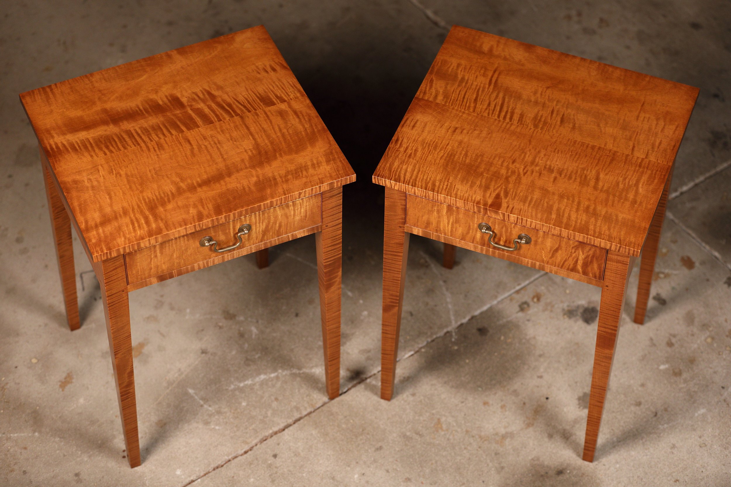 Tiger maple nightstand/end table pair for sale. Top detail.