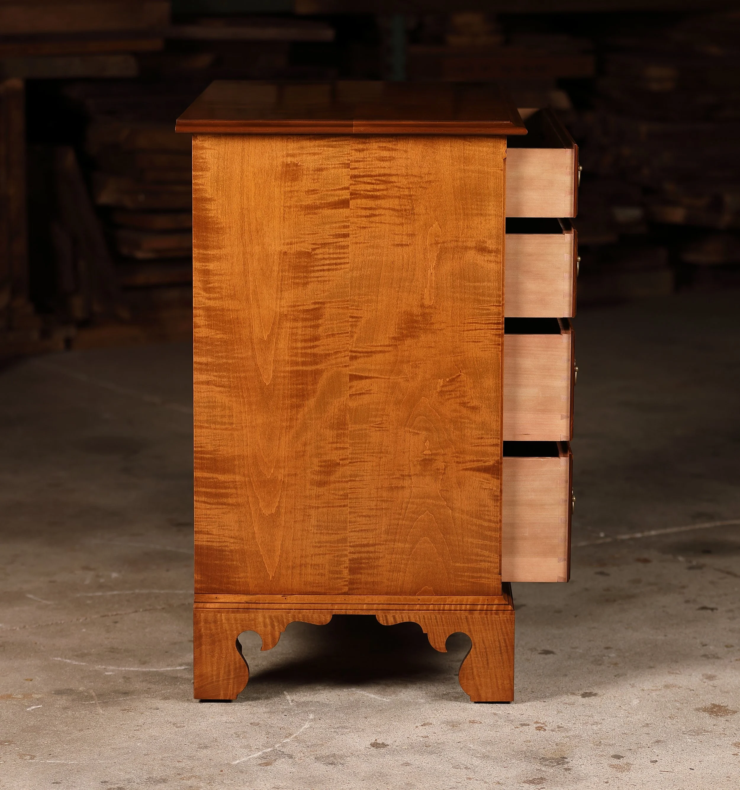 Tiger maple Queen Anne low chest for sale.  Hand cut dovetailed drawers.