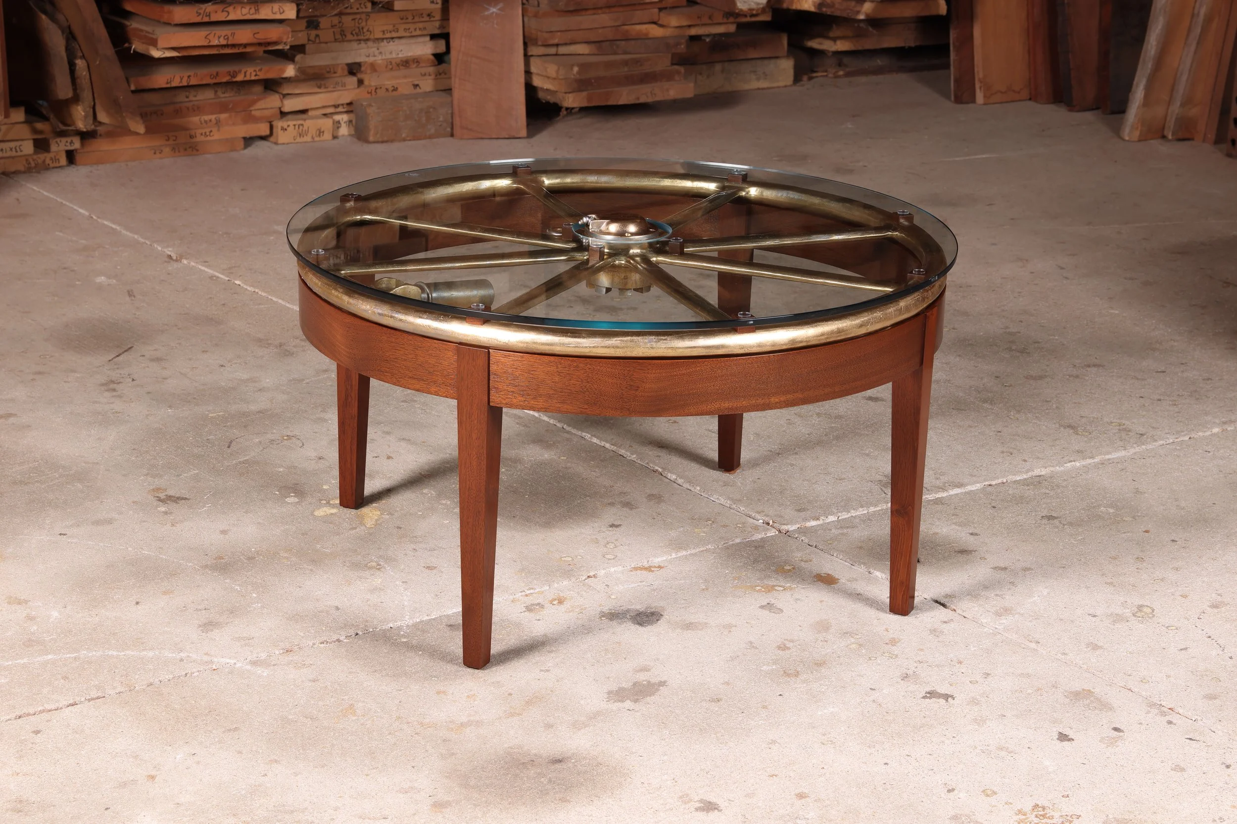 Custom made historical artifact table, WWII submarine control room diving plane wheel from the USS Shad