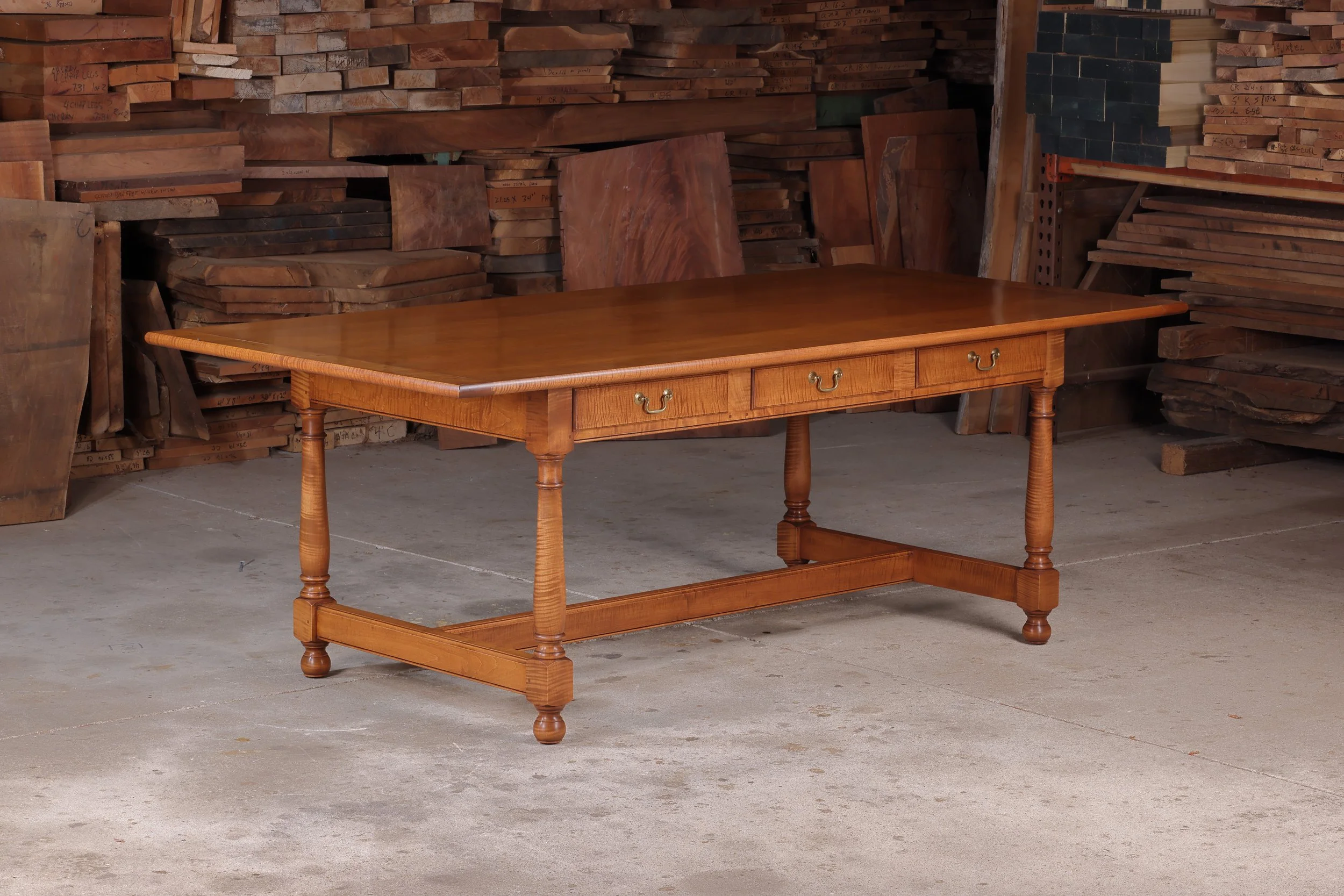 Bench made tiger maple tavern table for sale, long wooden dining table, hand turned legs, lacquer finish.