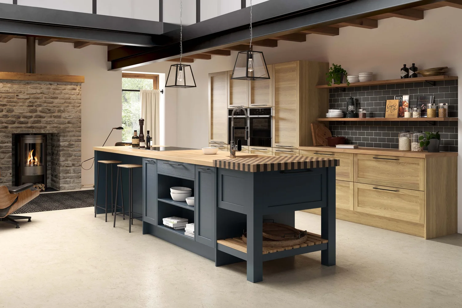 Classic range kitchen, Deveron Painted in Mey Blue with Light Oak, a blue island with an end grain block, open shelves and a wood burner in the fireplace