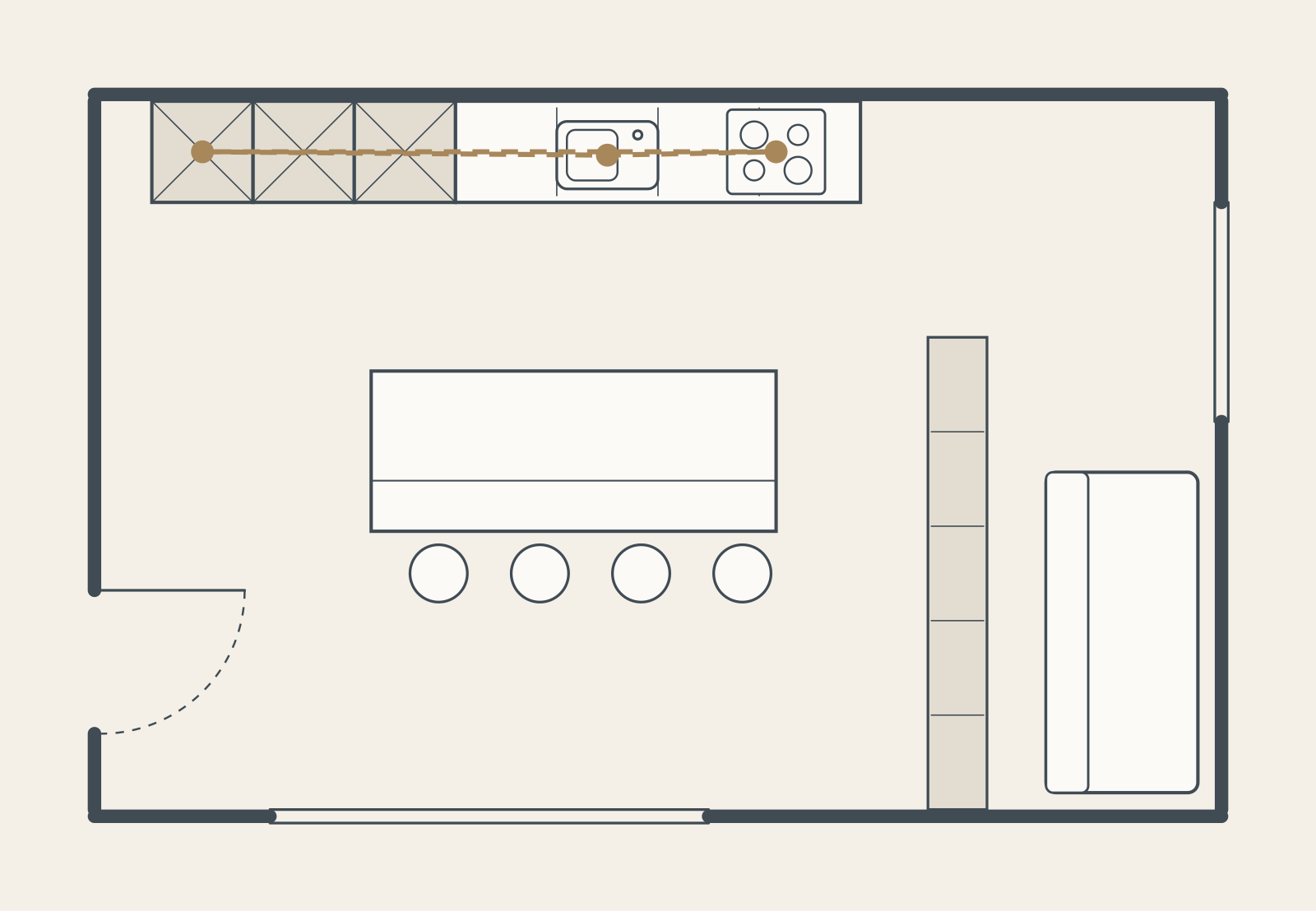 Plan view of a single wall kitchen with an island and a low shelving divider separating the living area