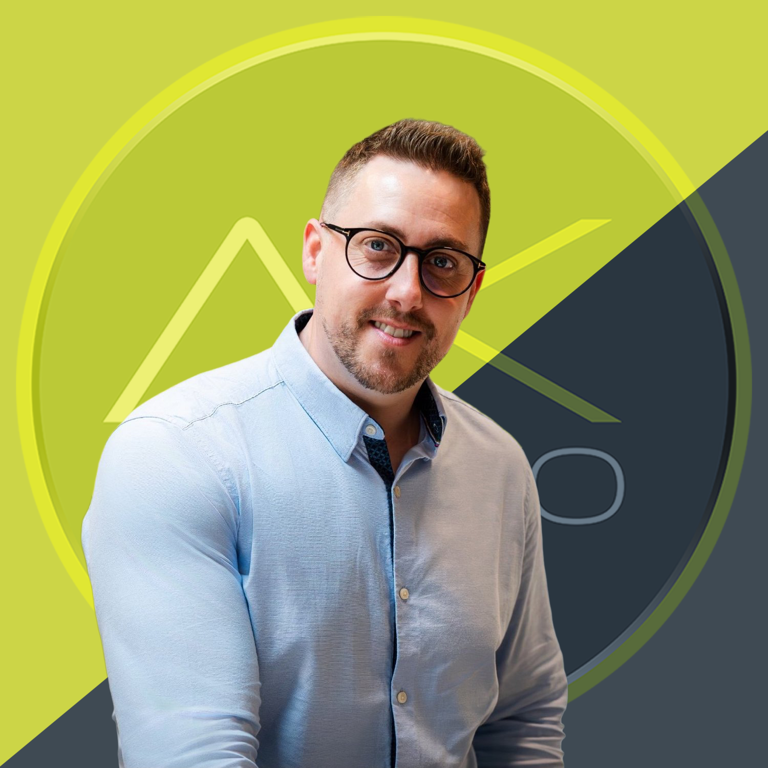 A man with short brown hair, glasses, and a beard wearing a light blue button-up shirt, standing in front of a background with a clock face and upward trending arrow graphics.