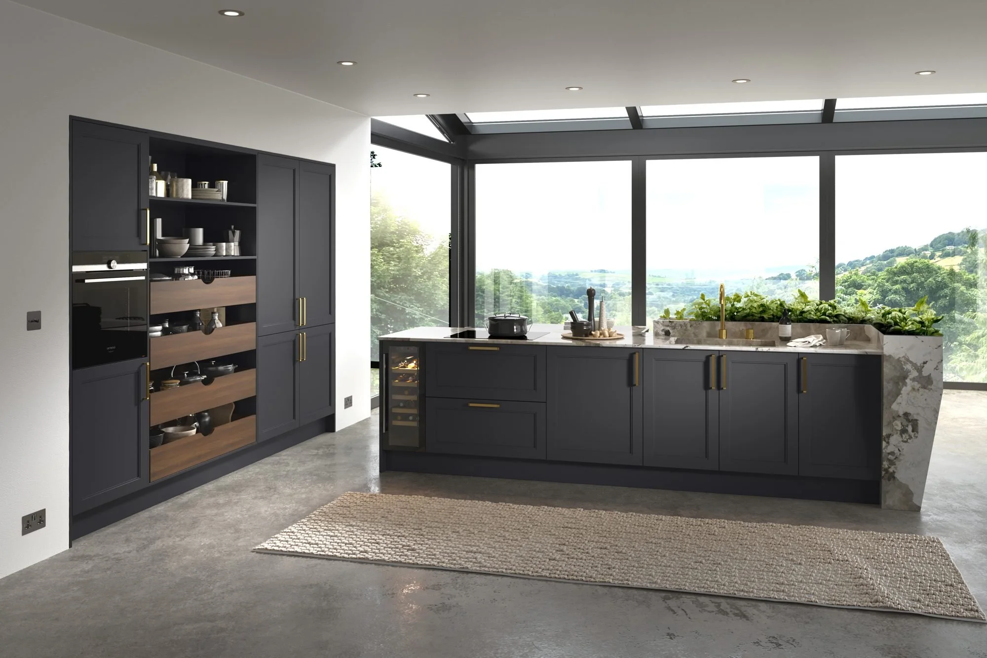Charcoal kitchen with a single wall of tall units and an island facing out through a glazed garden room