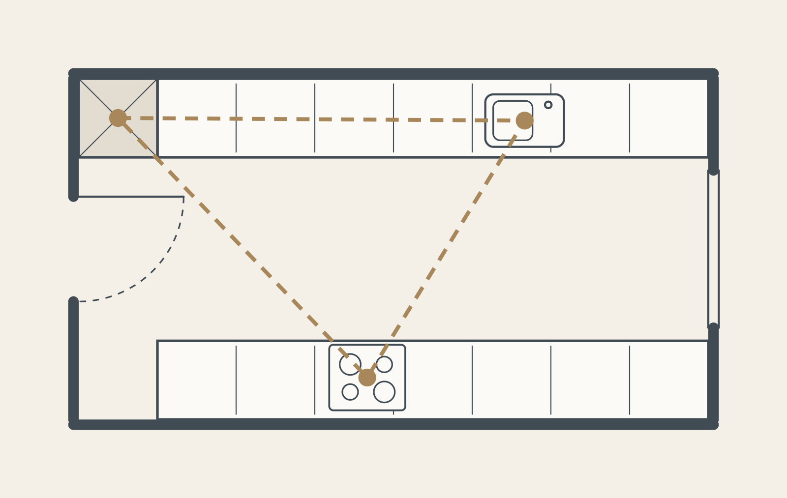 Plan view of a galley kitchen with two parallel runs and the work triangle between sink, hob and fridge