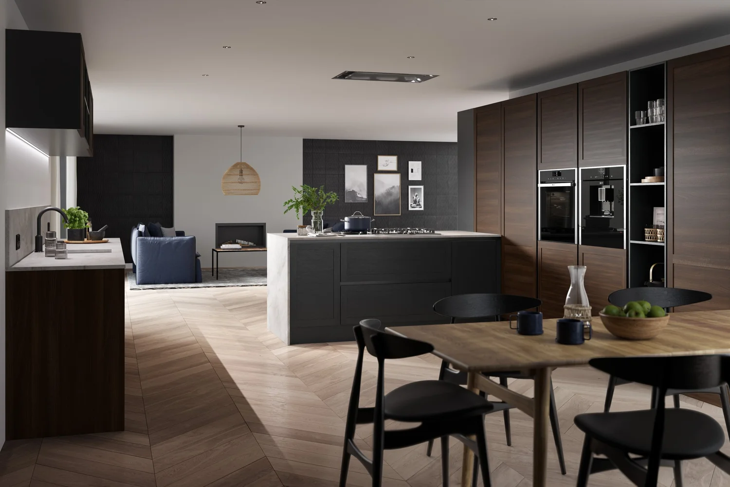 Handleless range kitchen, Deveron Handle-less Painted in Fired Charcoal with Light Walnut tall units, an island with a stone worktop and an open plan dining area