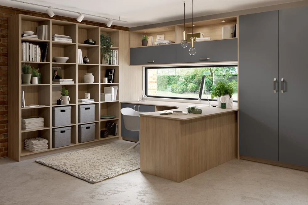 Bespoke range furniture in Blue Grey and Vincenza Oak