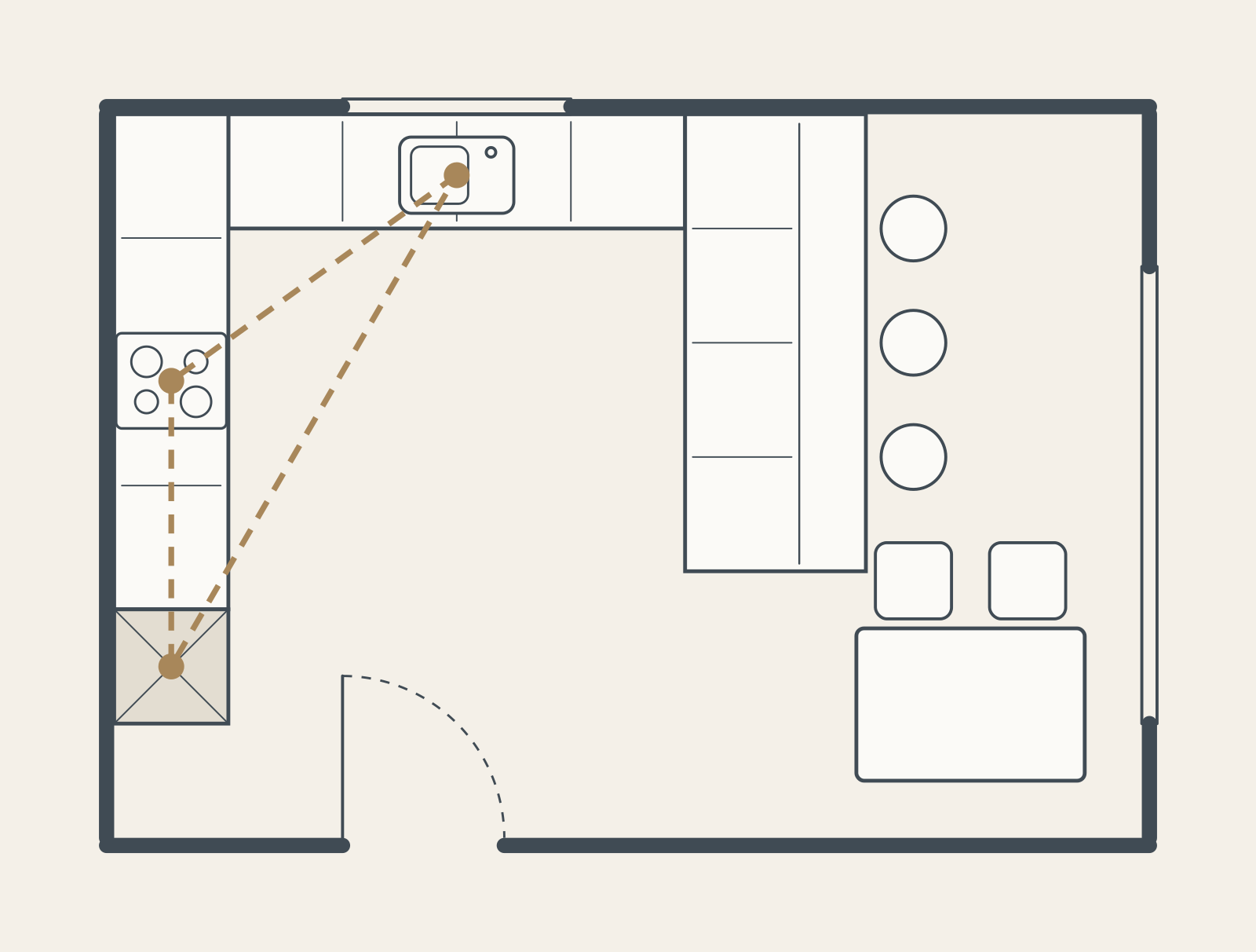 Plan view of an L-shaped kitchen with a peninsula and three stools, leading to a dining table