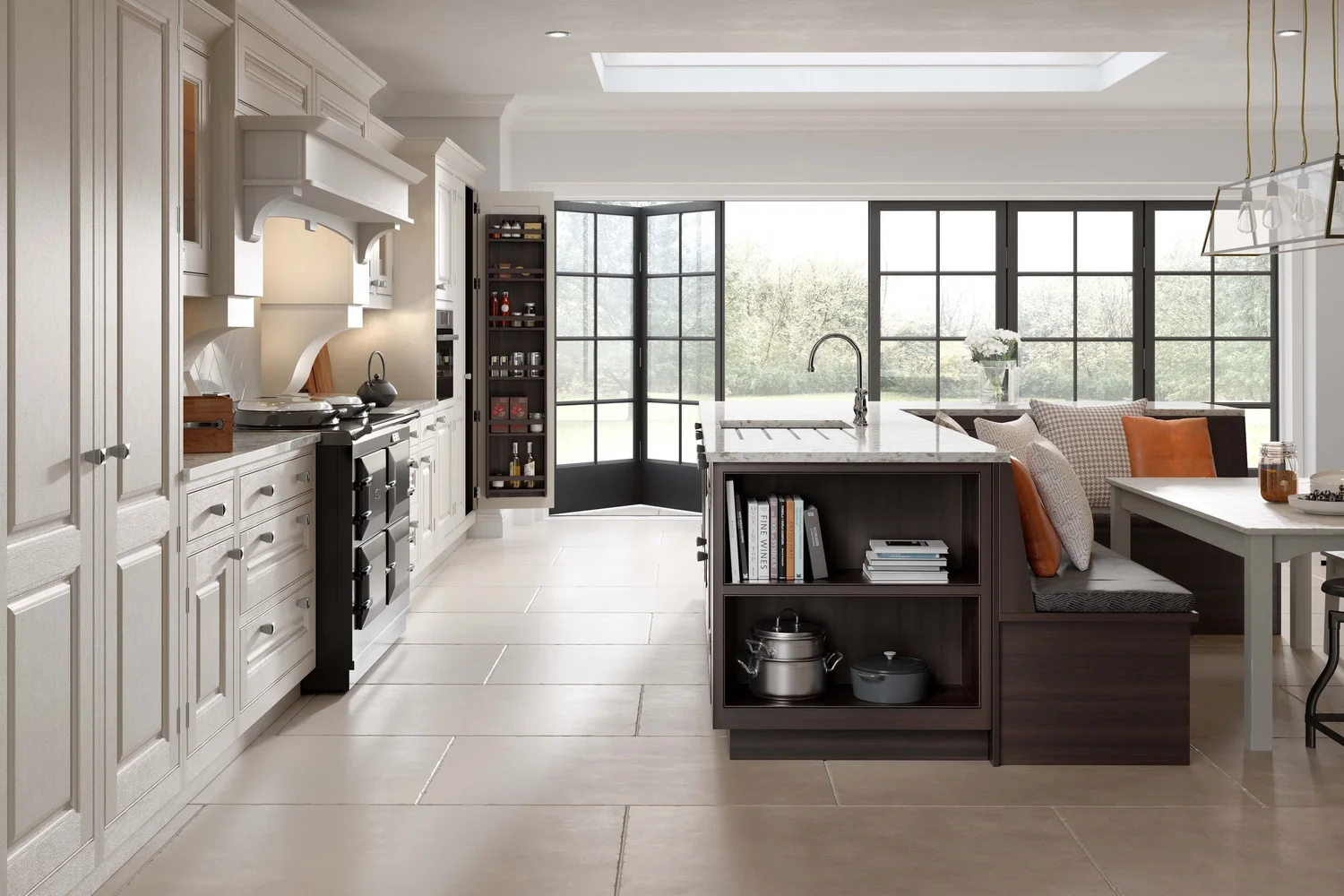 In-Frame range kitchen, Assynt Painted in Dunnet Sands with a Dark Walnut island, panelled doors, a range cooker under a painted canopy and a banquette seat by the garden doors