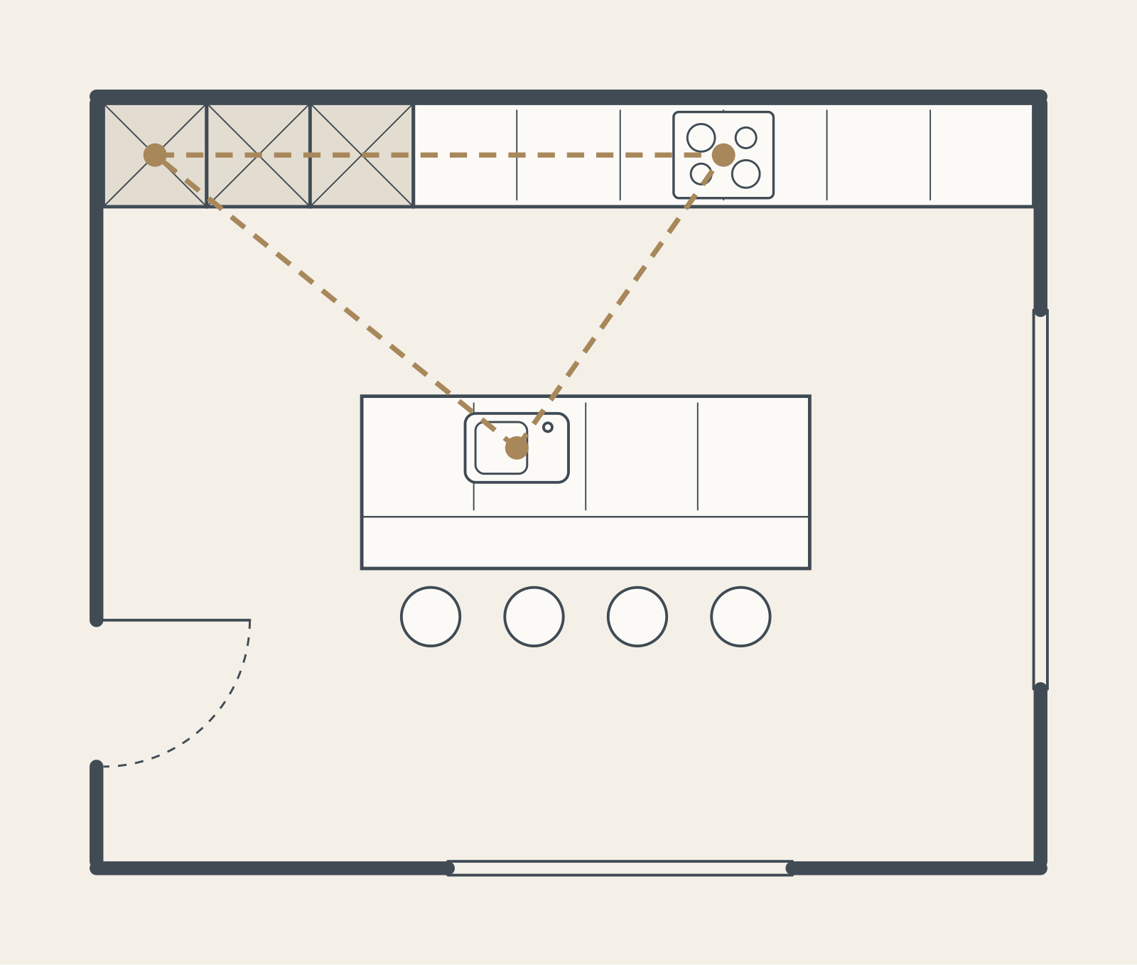 Plan view of a kitchen with a long wall run and an island holding the sink, with four stools along one side