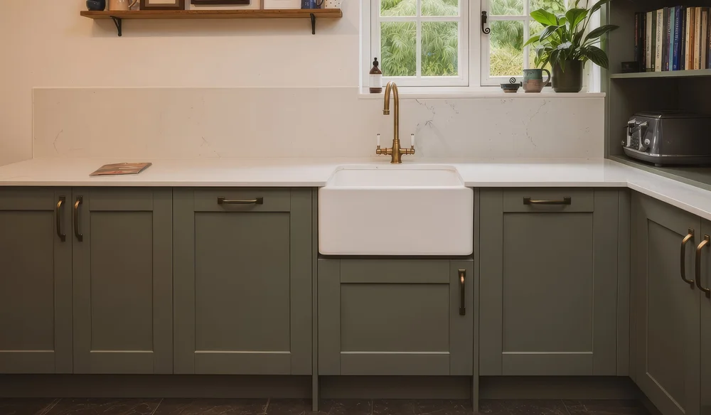 Reed green Shaker kitchen with a Belfast sink and a brass tap under the window, Storrington