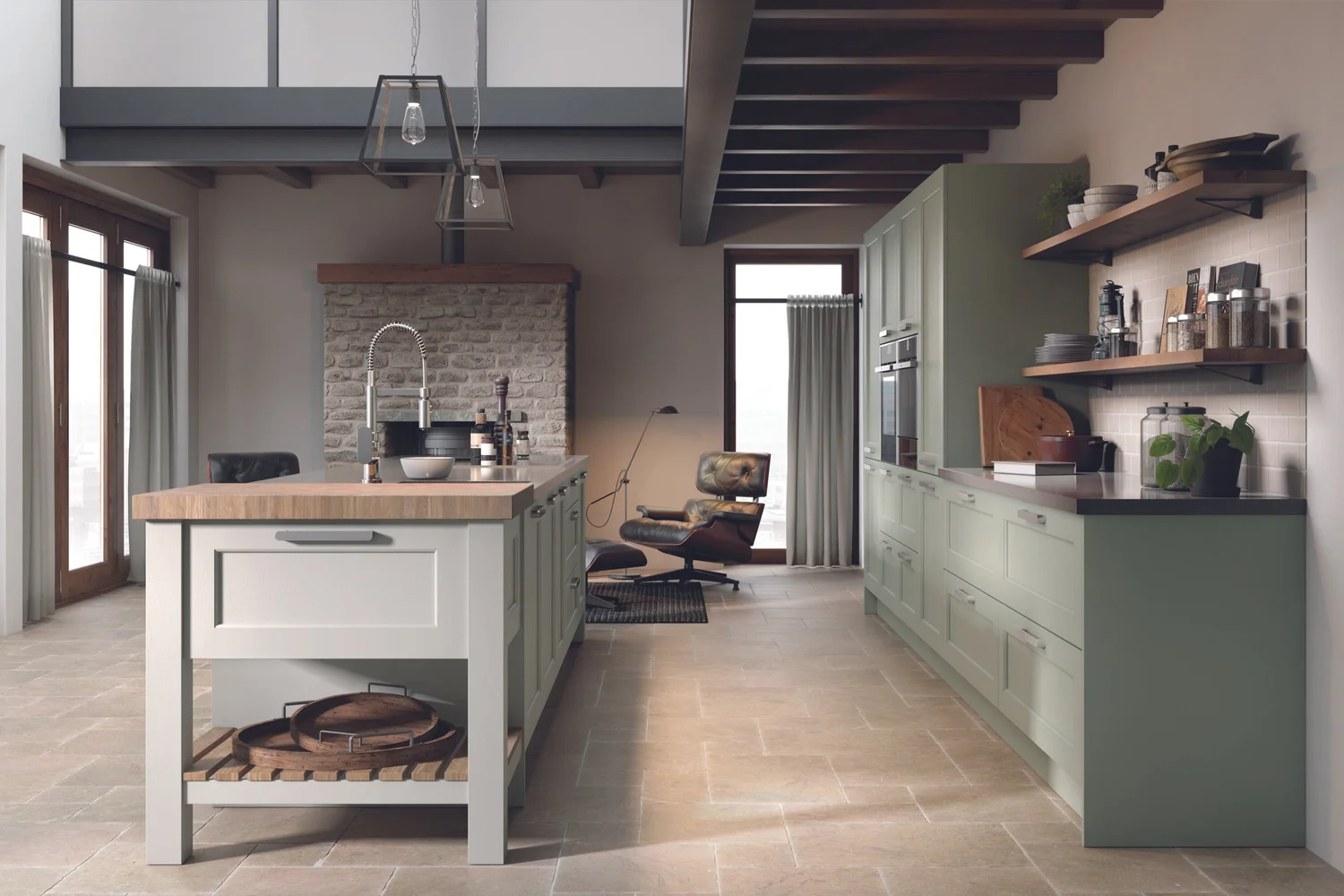 Classic range kitchen, Carrick Painted in Dunnet Sands and Morven Scree, with an oak topped island, slatted shelf, open oak shelves and a brick chimney breast