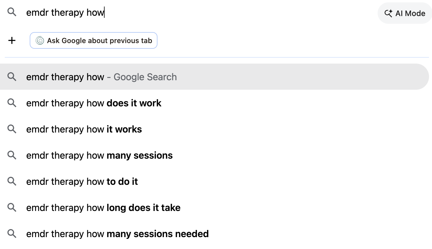screenshot of questions about emdr therapy in Google search bar