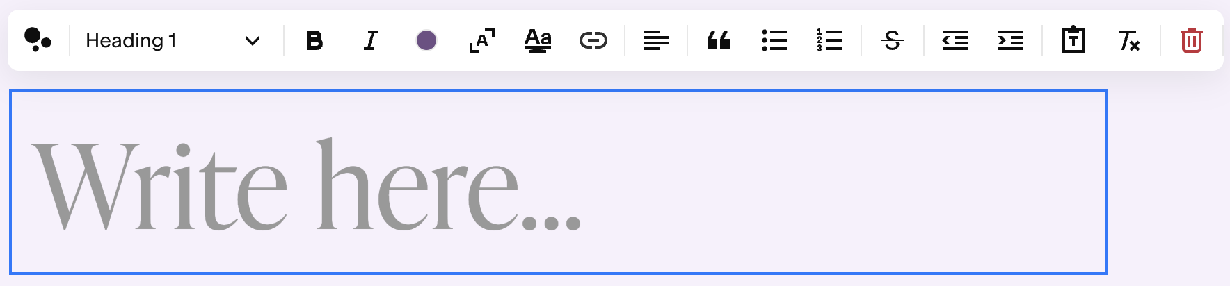 "Write here" text block with font toolbar above it; screenshot of Squarespace back end
